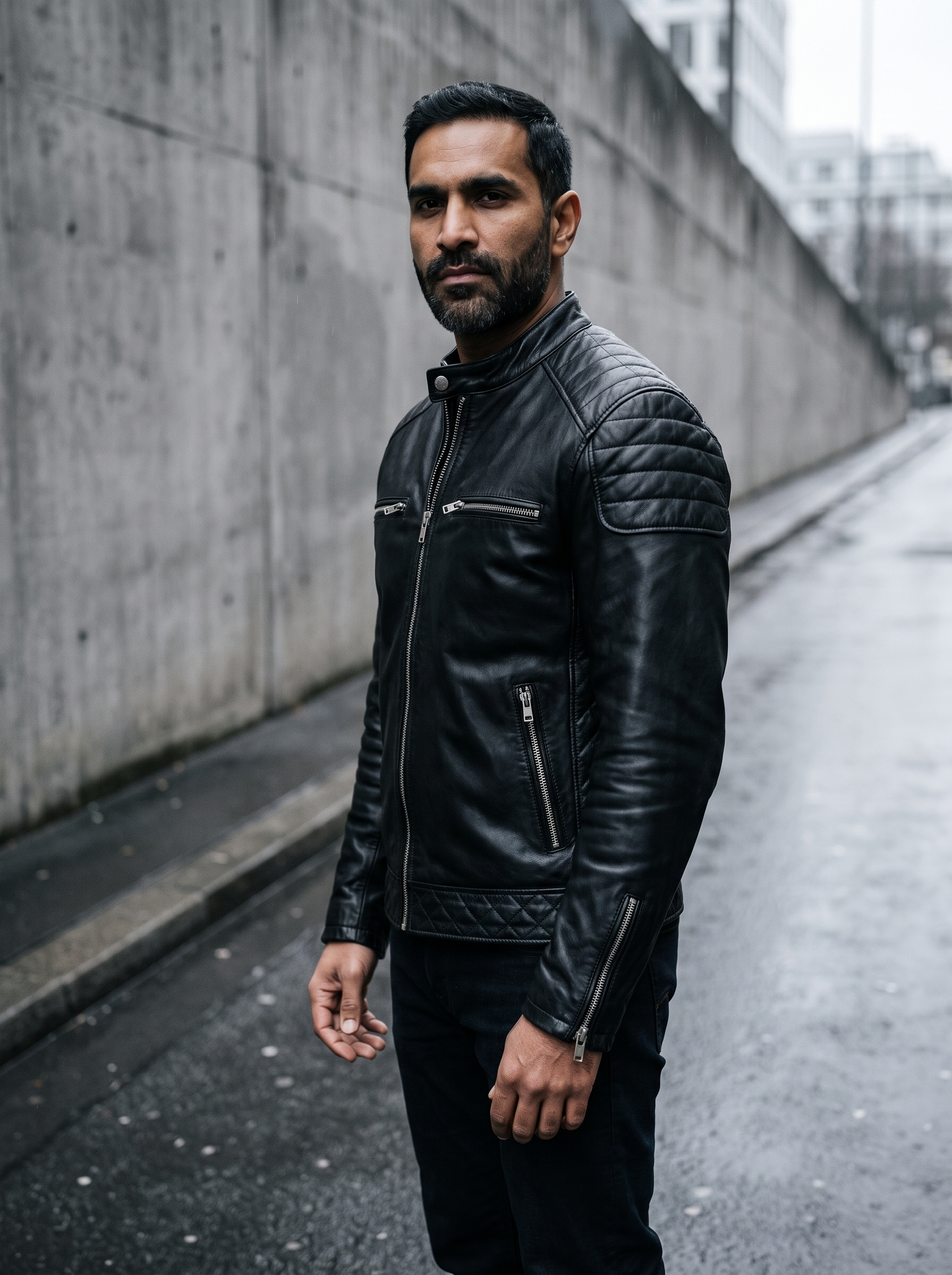 Ethan Leather Racer Jacket in Black/Grey, street view