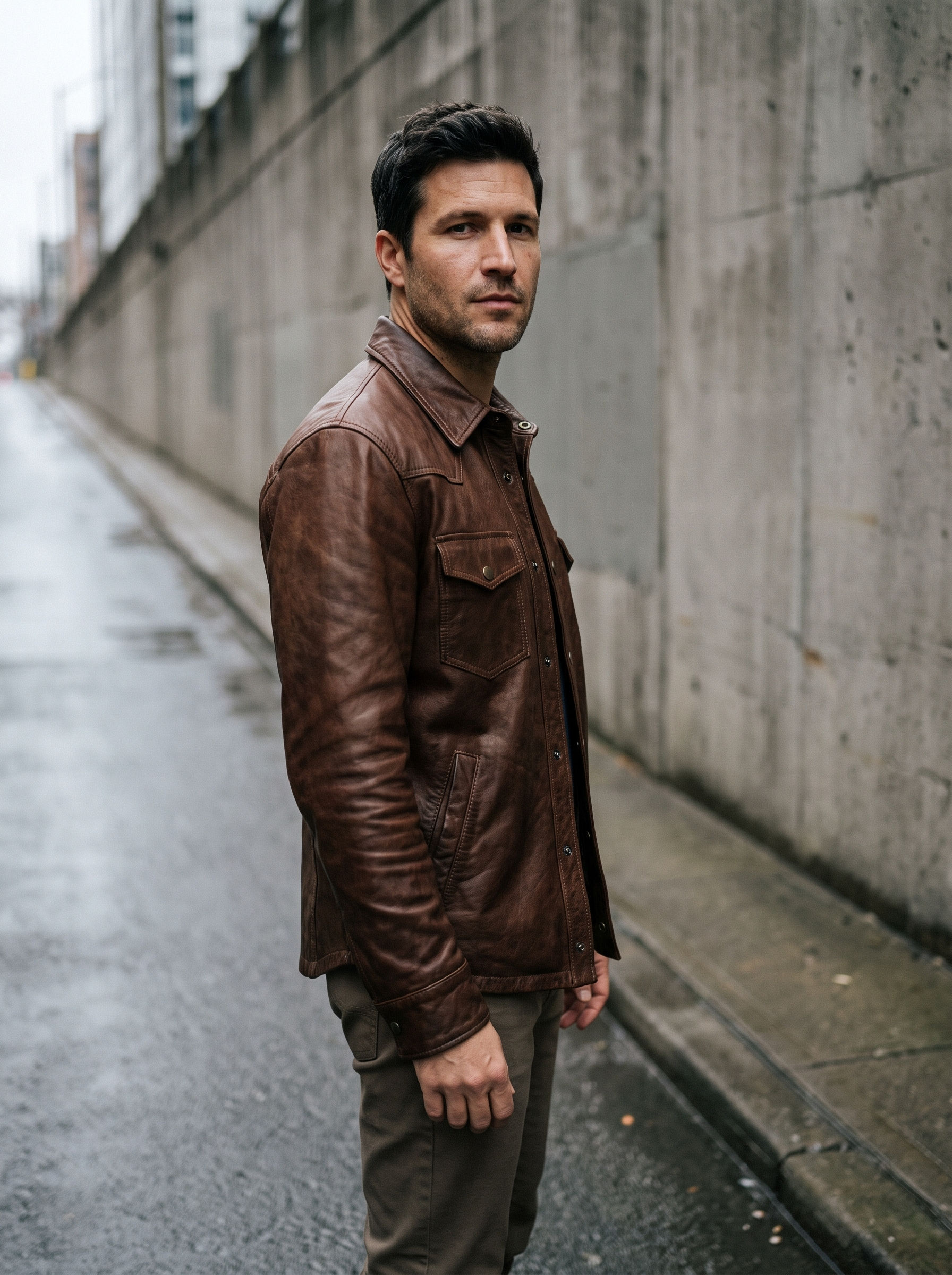 Jonah Vintage Leather Shirt Jacket in Brown, street view