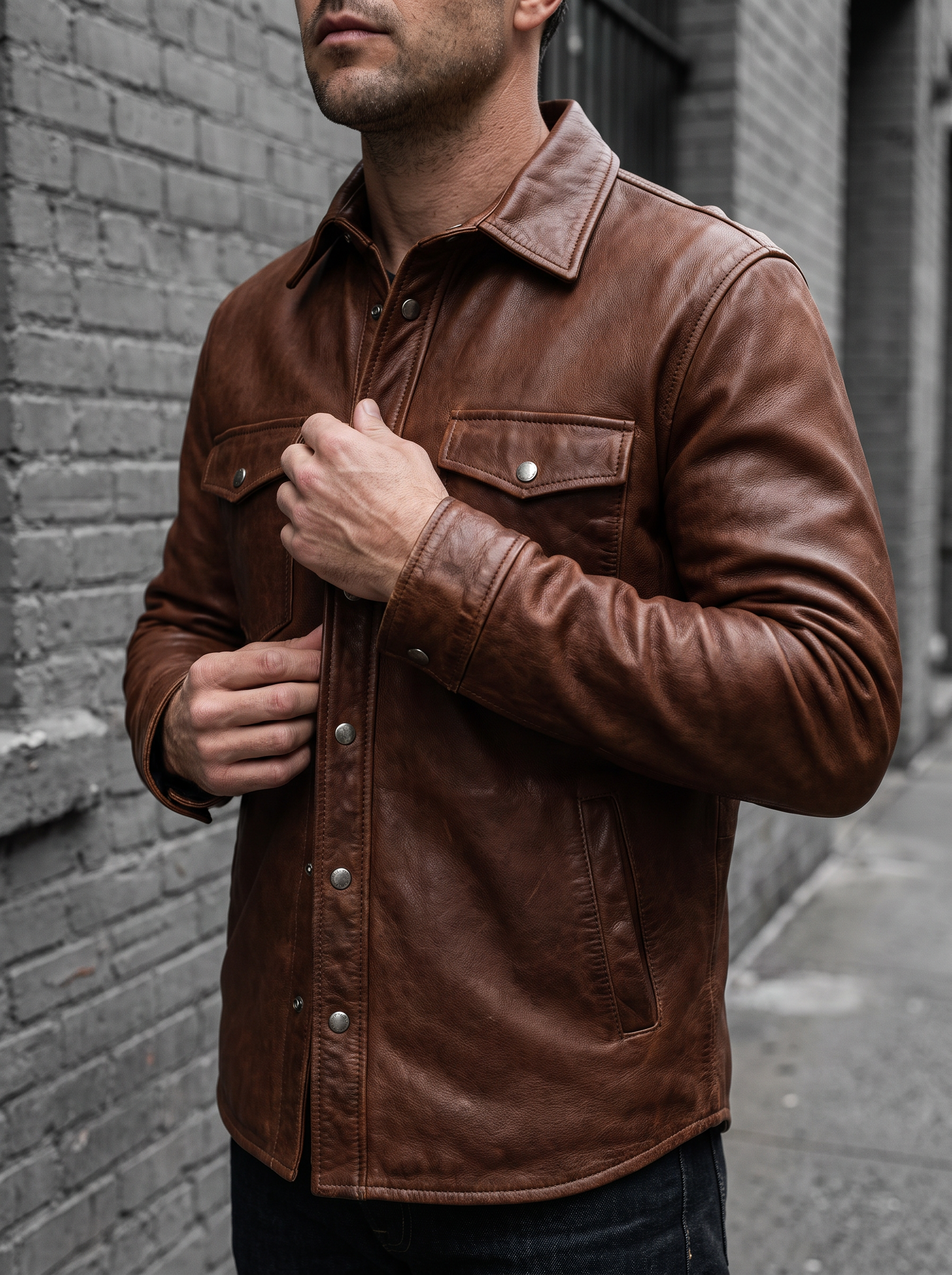 Jonah Vintage Leather Shirt Jacket in Brown, street crop view