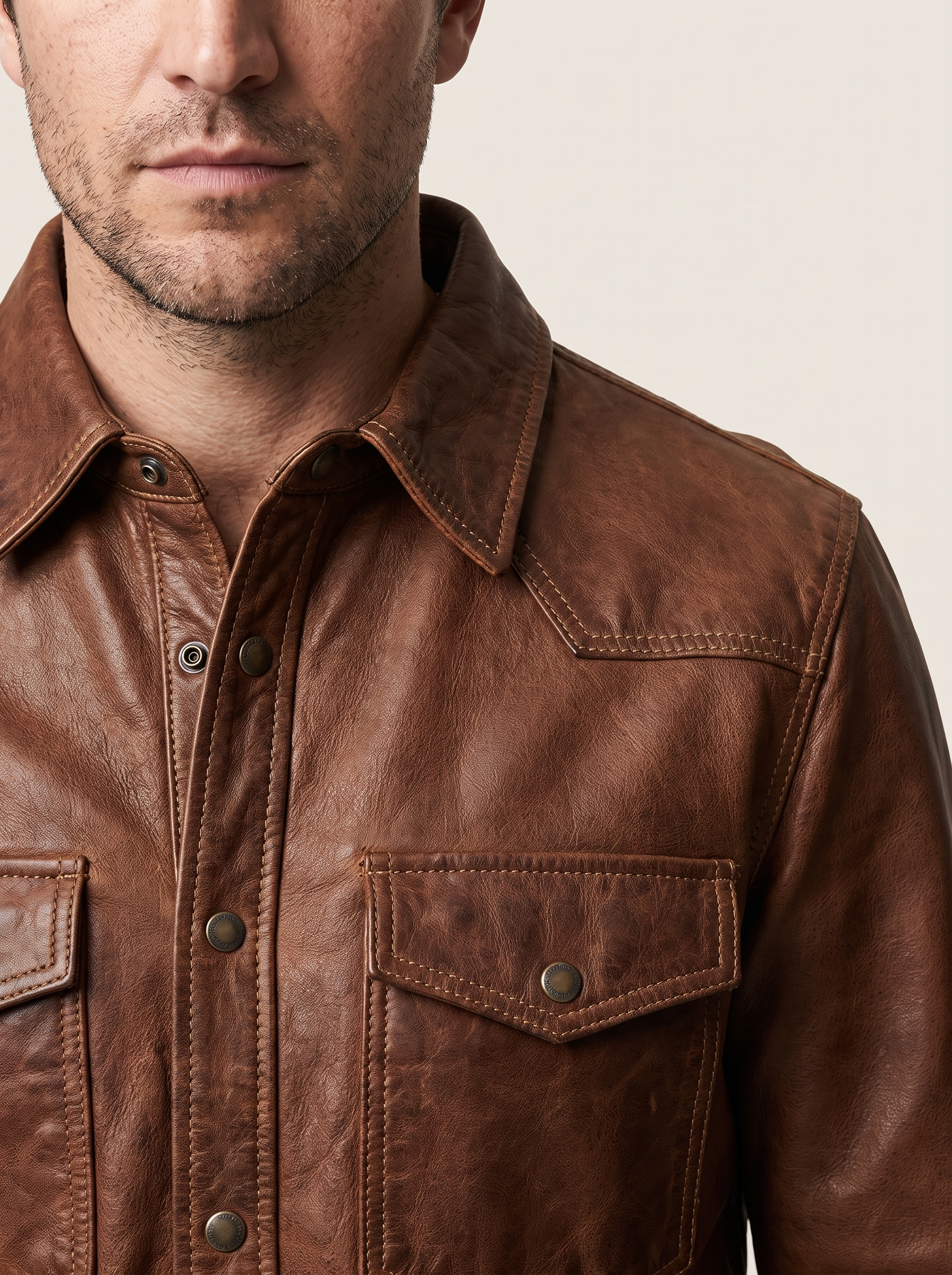Jonah Vintage Leather Shirt Jacket in Brown, detail view