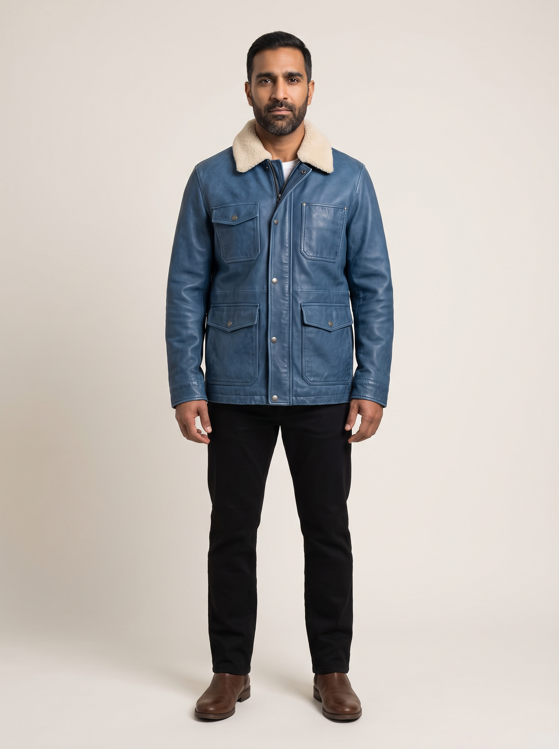 Wesley Leather Denim Chore Jacket in Medium Blue