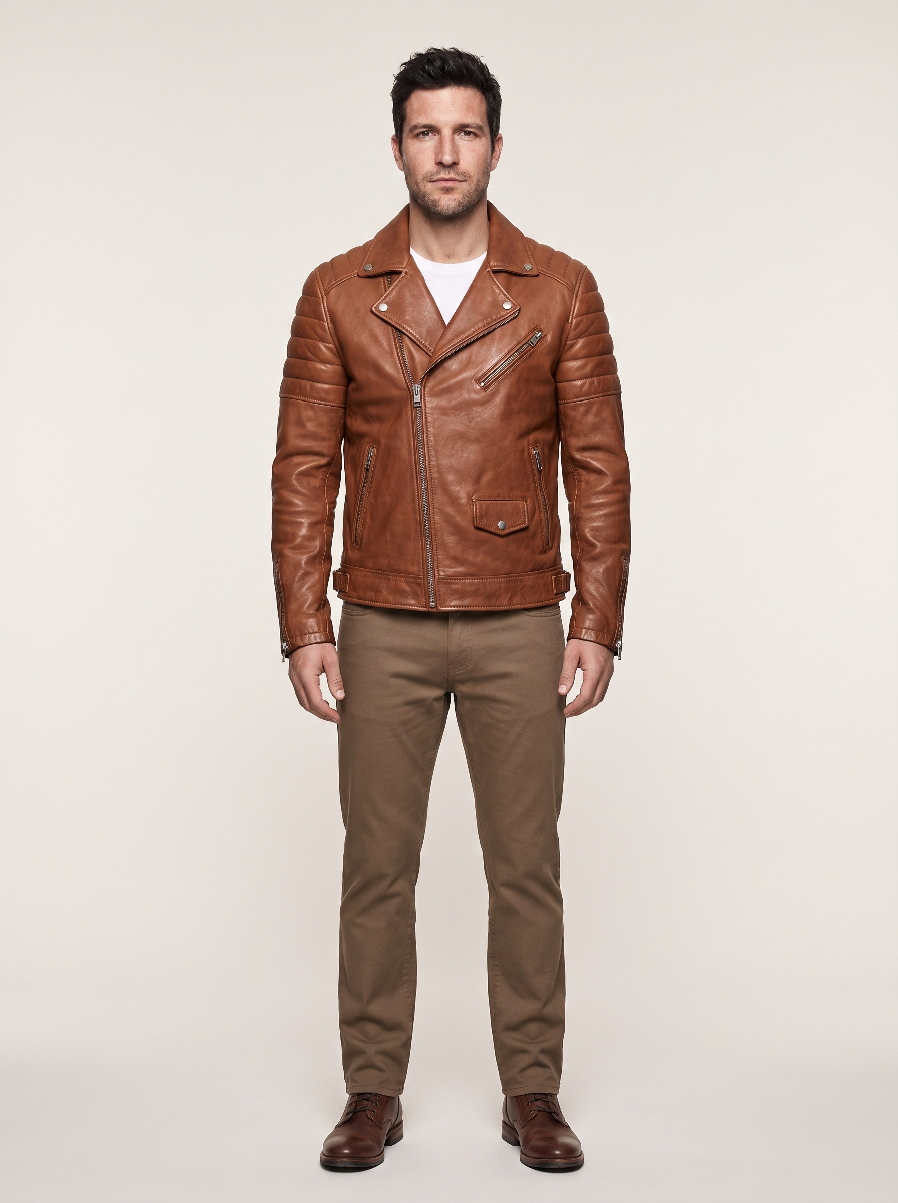 Dom Padded Leather Moto Jacket in Cognac