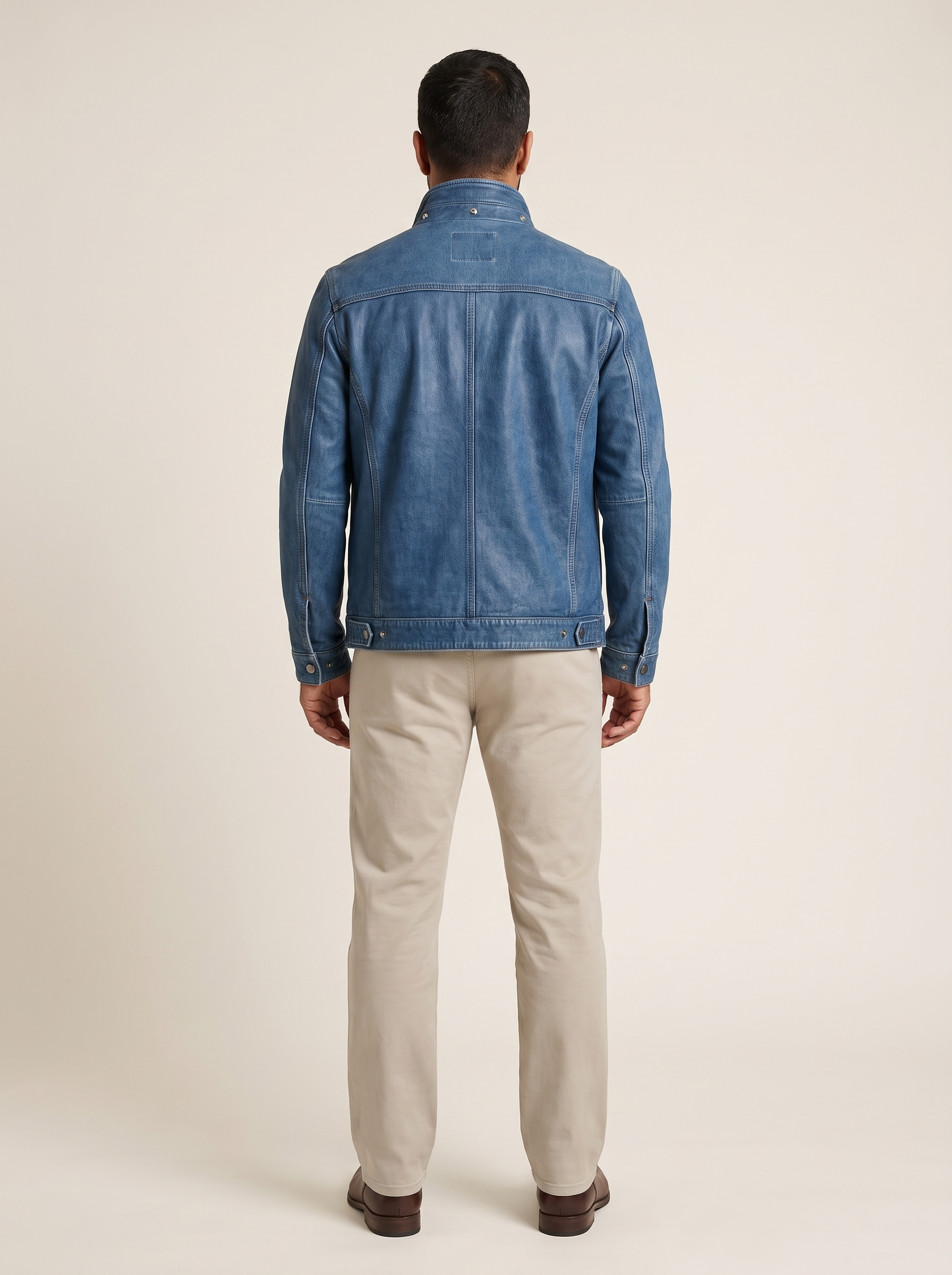 Nolan Leather Denim Shirt Jacket in Medium Blue, back view