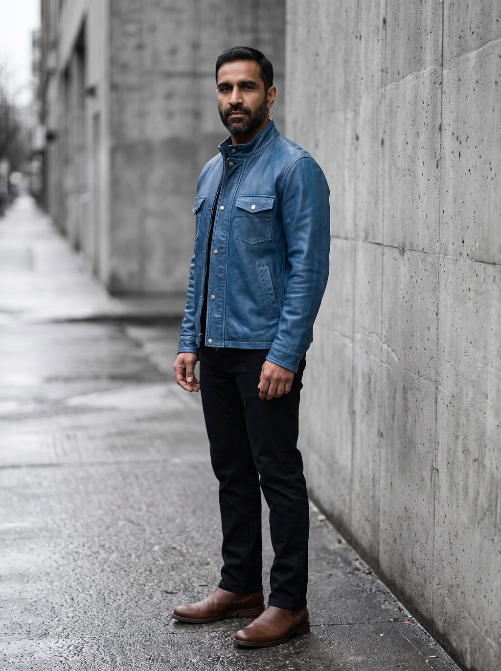 Nolan Leather Denim Shirt Jacket in Medium Blue, street view