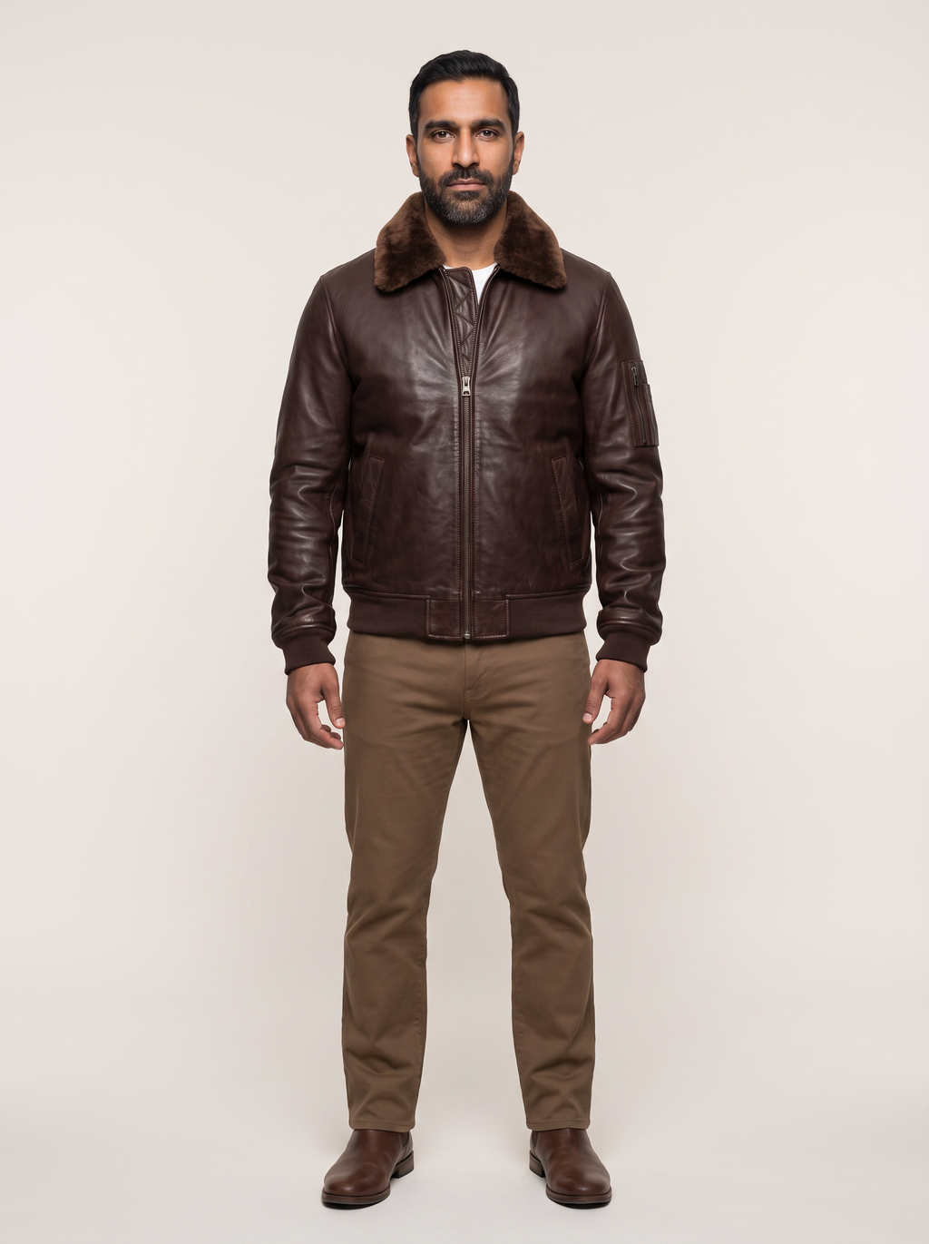 Jimmy Leather Aviator Bomber Jacket With Shearling Collar in Deep Brown