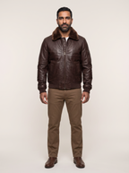 Jimmy Leather Aviator Bomber Jacket With Shearling Collar in Deep Brown