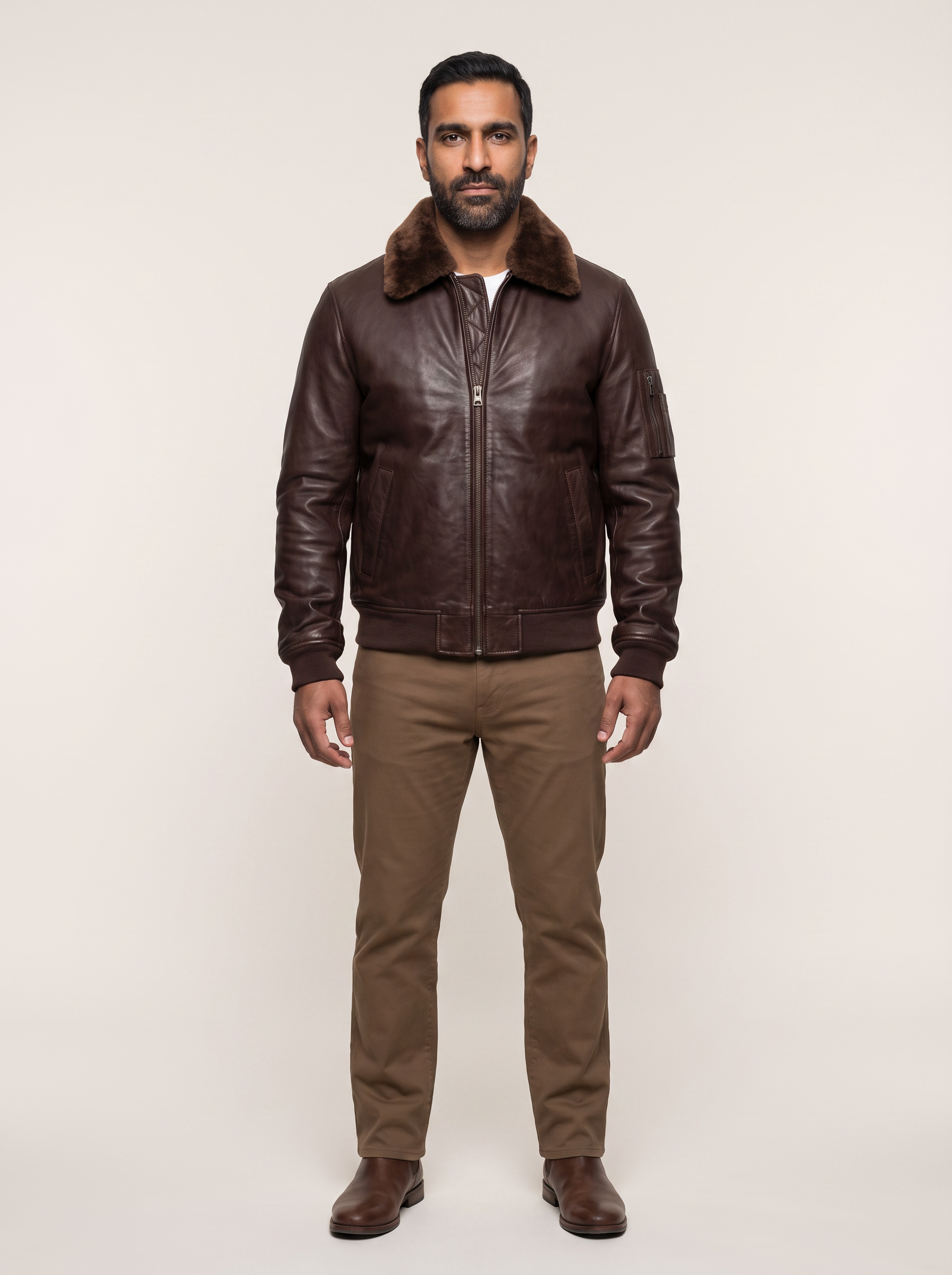 Jimmy Leather Aviator Bomber Jacket With Shearling Collar in Deep Brown