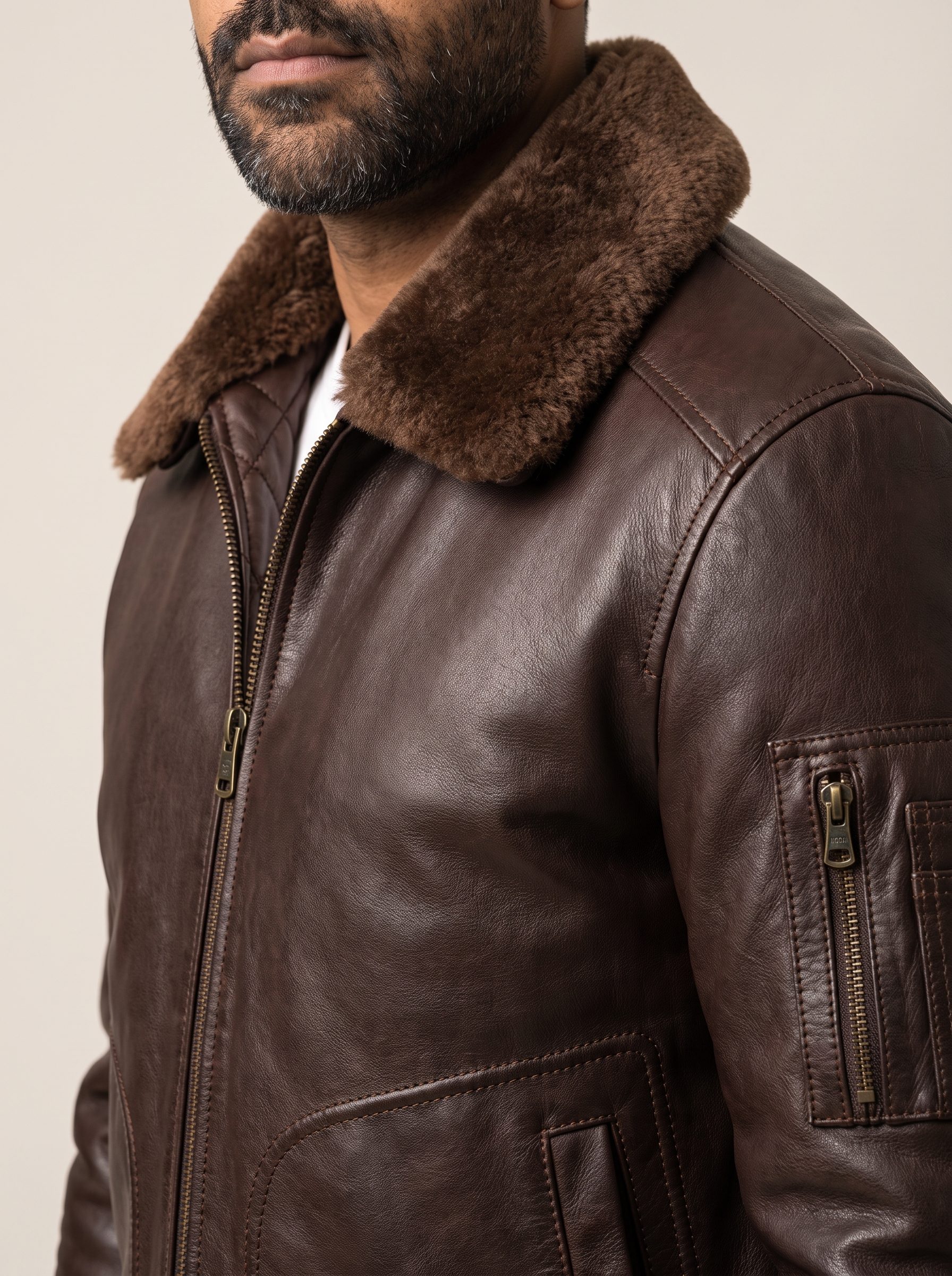 Jimmy Leather Aviator Bomber Jacket With Shearling Collar in Deep Brown, detail view