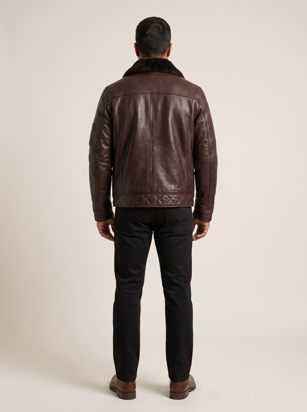 Jimmy Leather Aviator Bomber Jacket With Shearling Collar in Deep Brown, back view