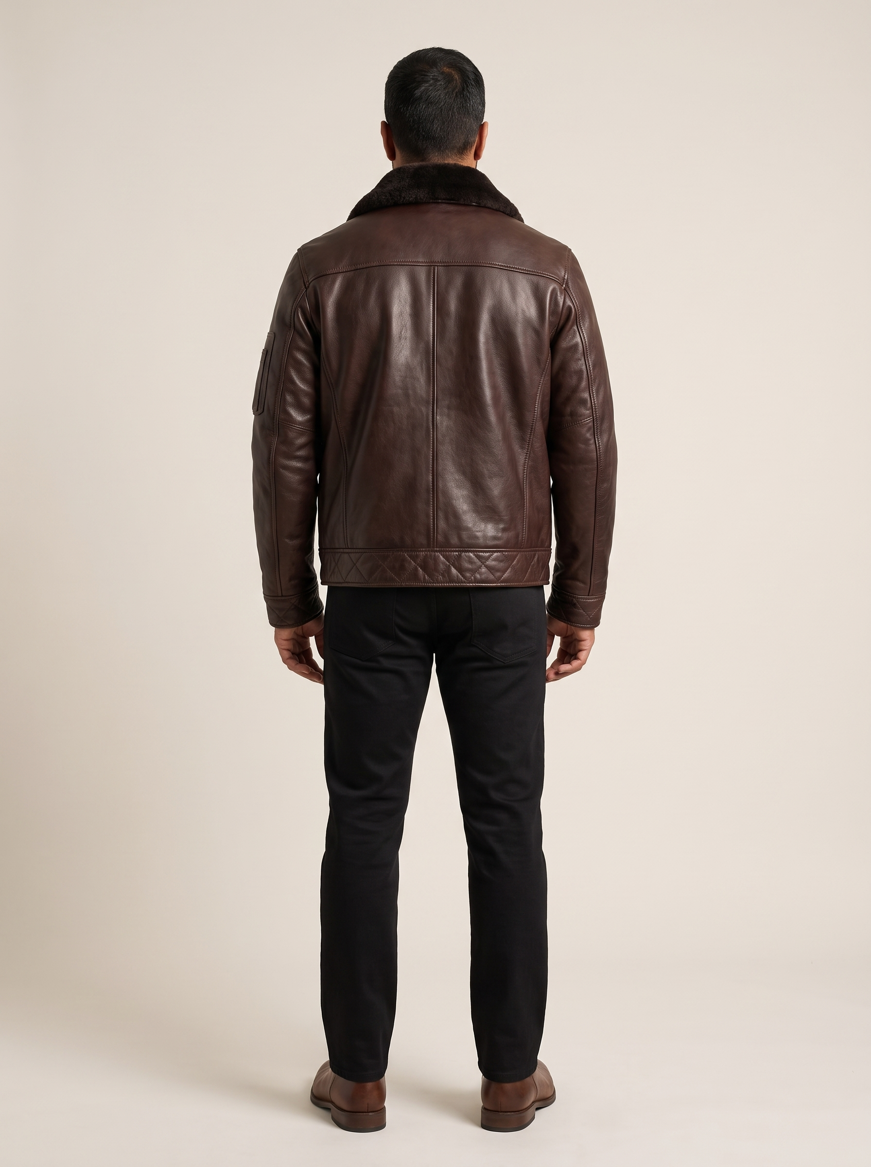 Jimmy Leather Aviator Bomber Jacket With Shearling Collar in Deep Brown, back view