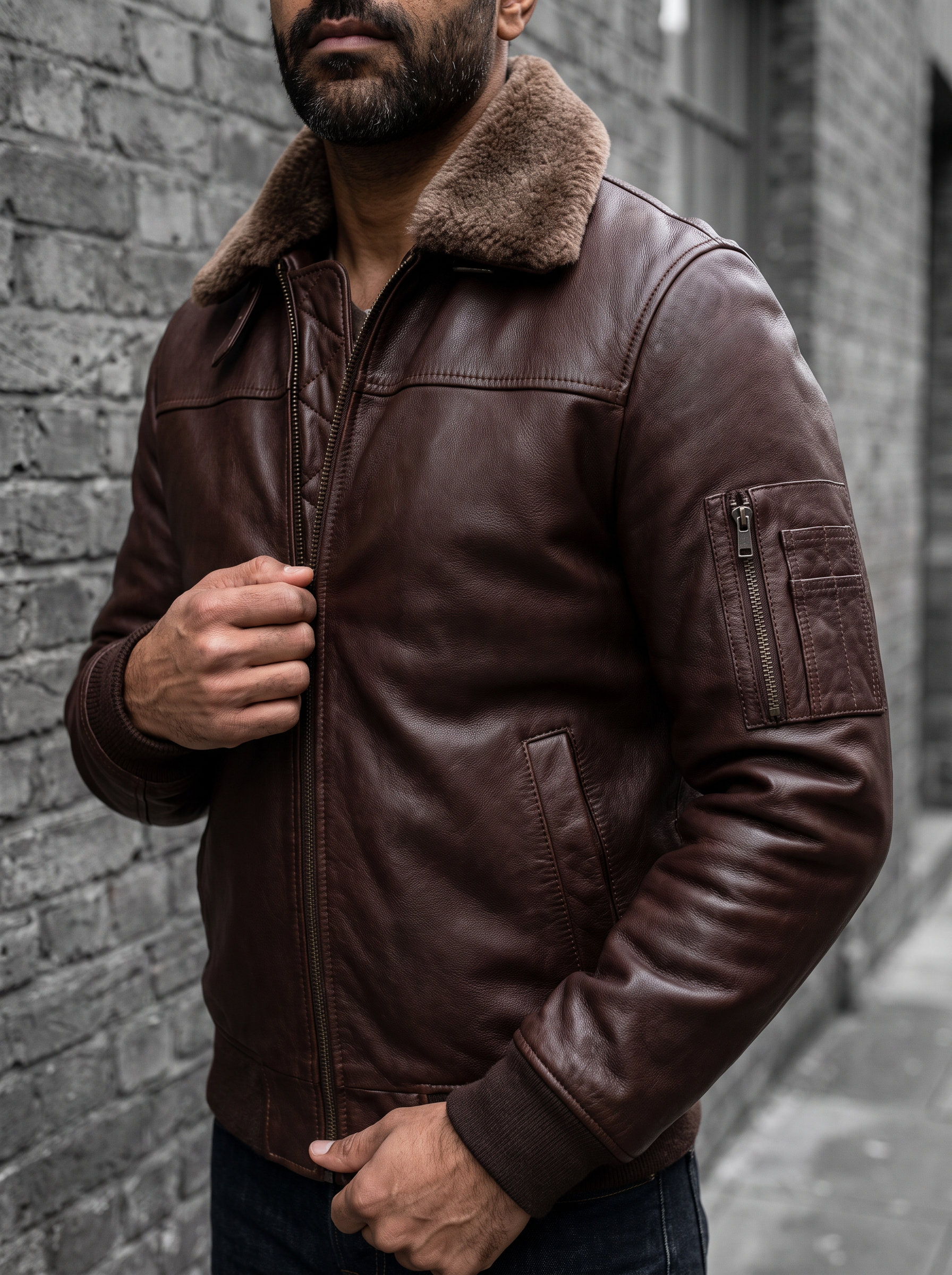 Jimmy Leather Aviator Bomber Jacket With Shearling Collar in Deep Brown, street crop view