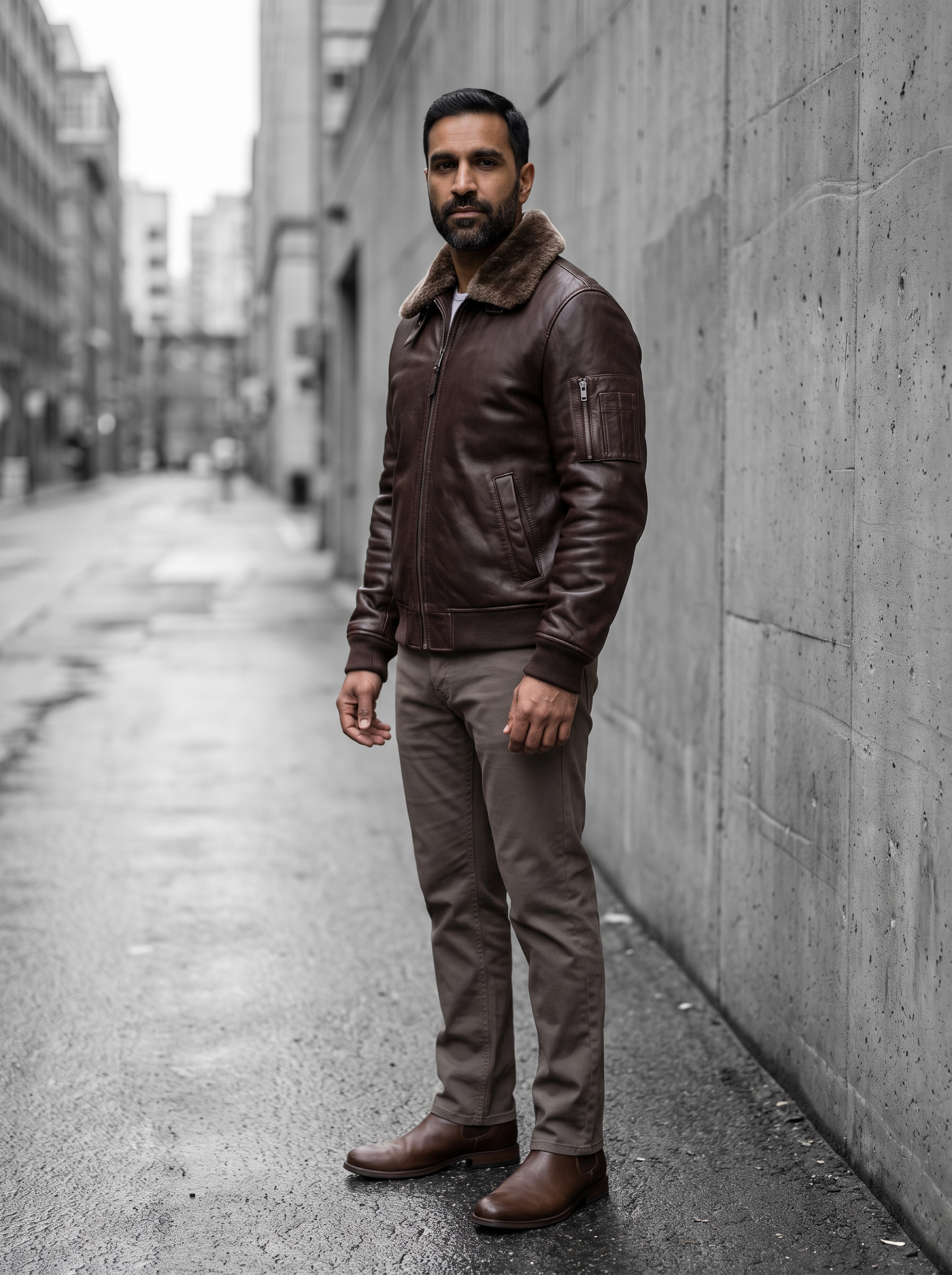 Jimmy Leather Aviator Bomber Jacket With Shearling Collar in Deep Brown, street view