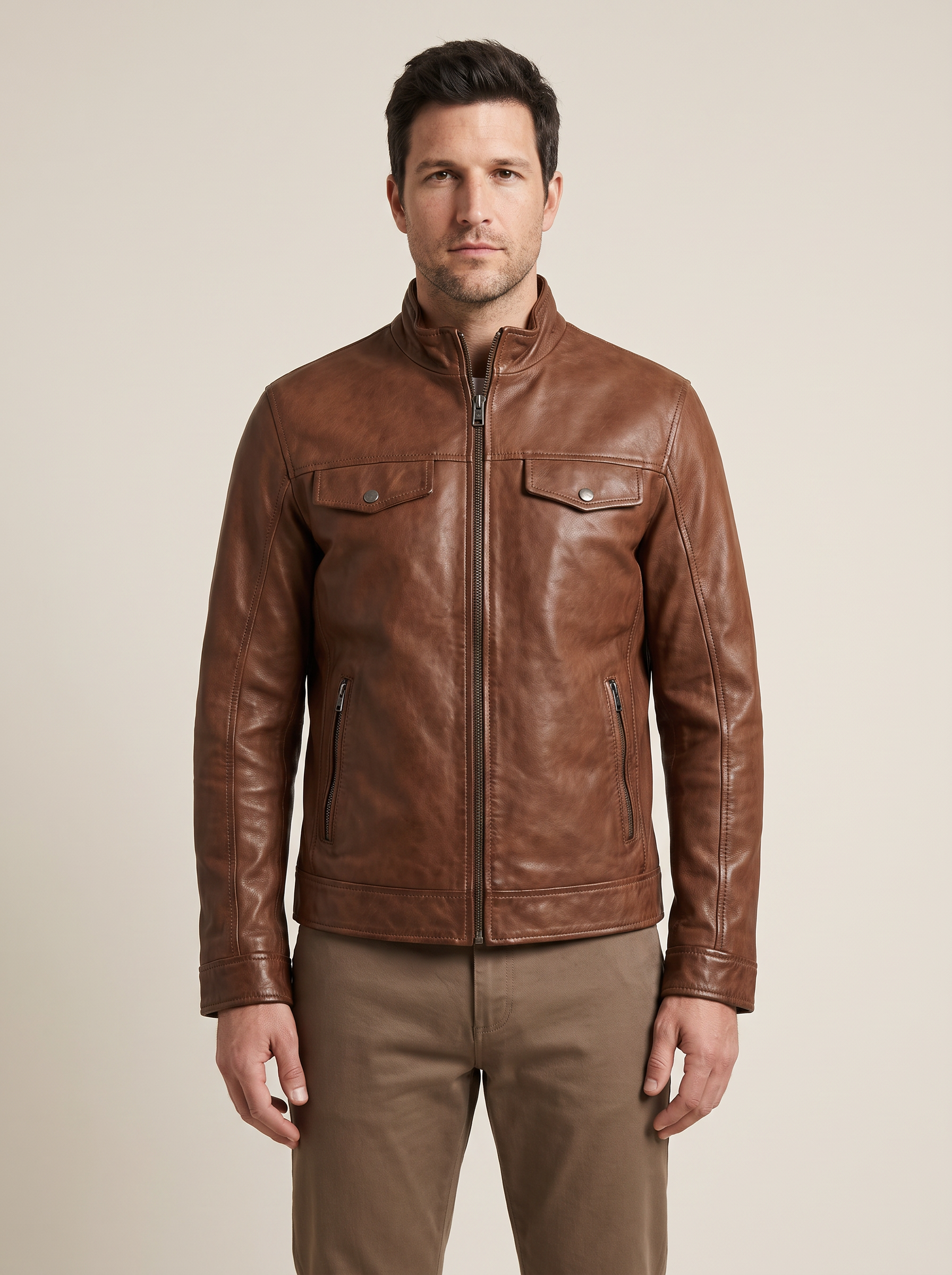 Sean Vintage Leather Racer Jacket in Brown
