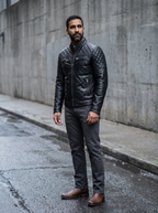 Lance Collarless Moto Jacket in Black, street view
