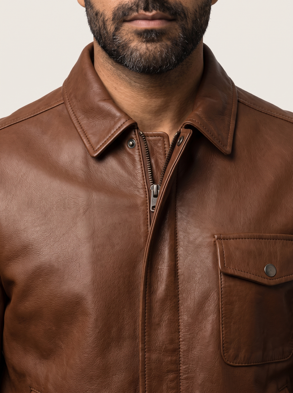 Chris Leather Bomber Jacket in Brown, detail view