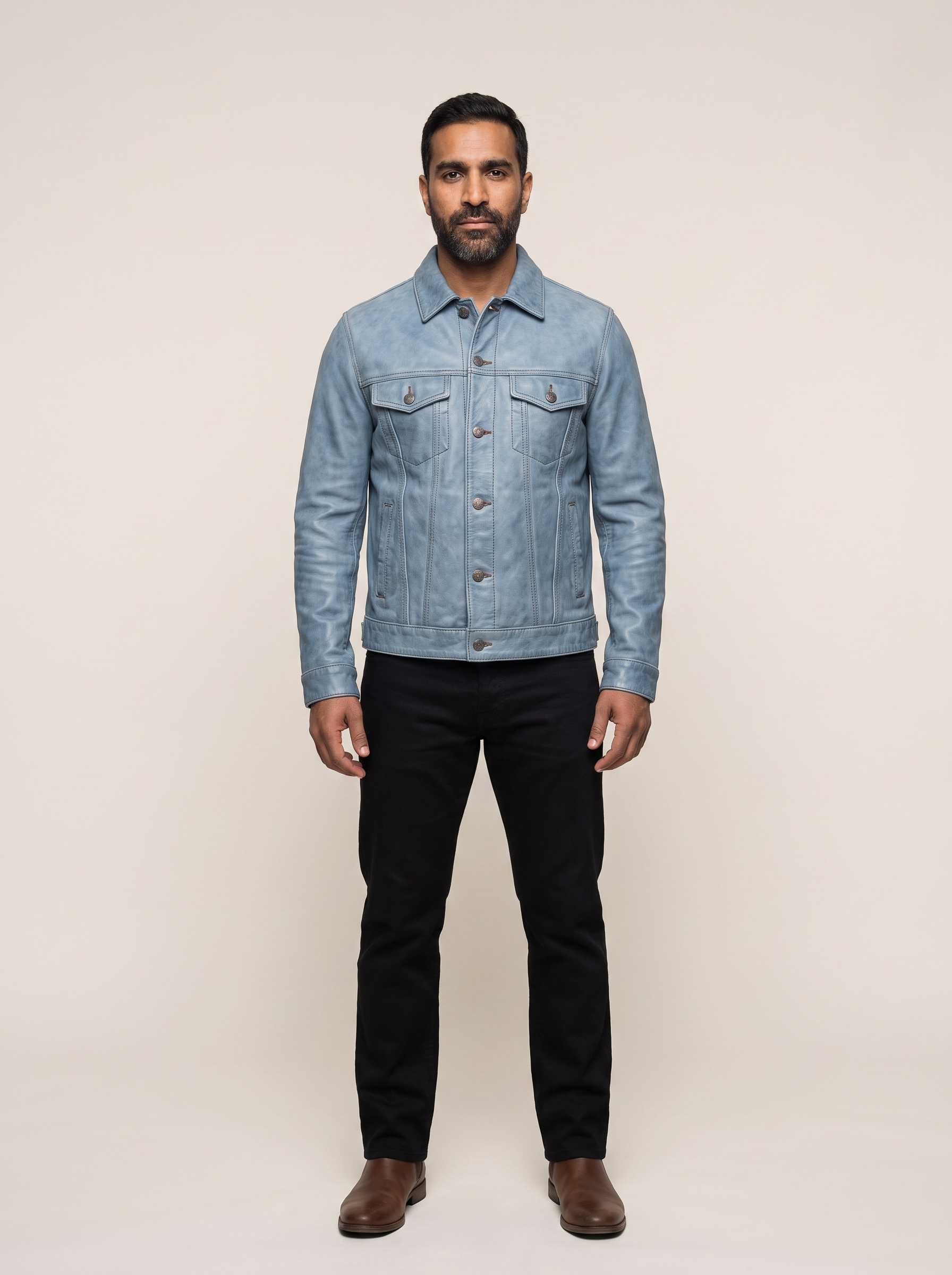 Chase Leather Denim Jacket in Light Blue Wash