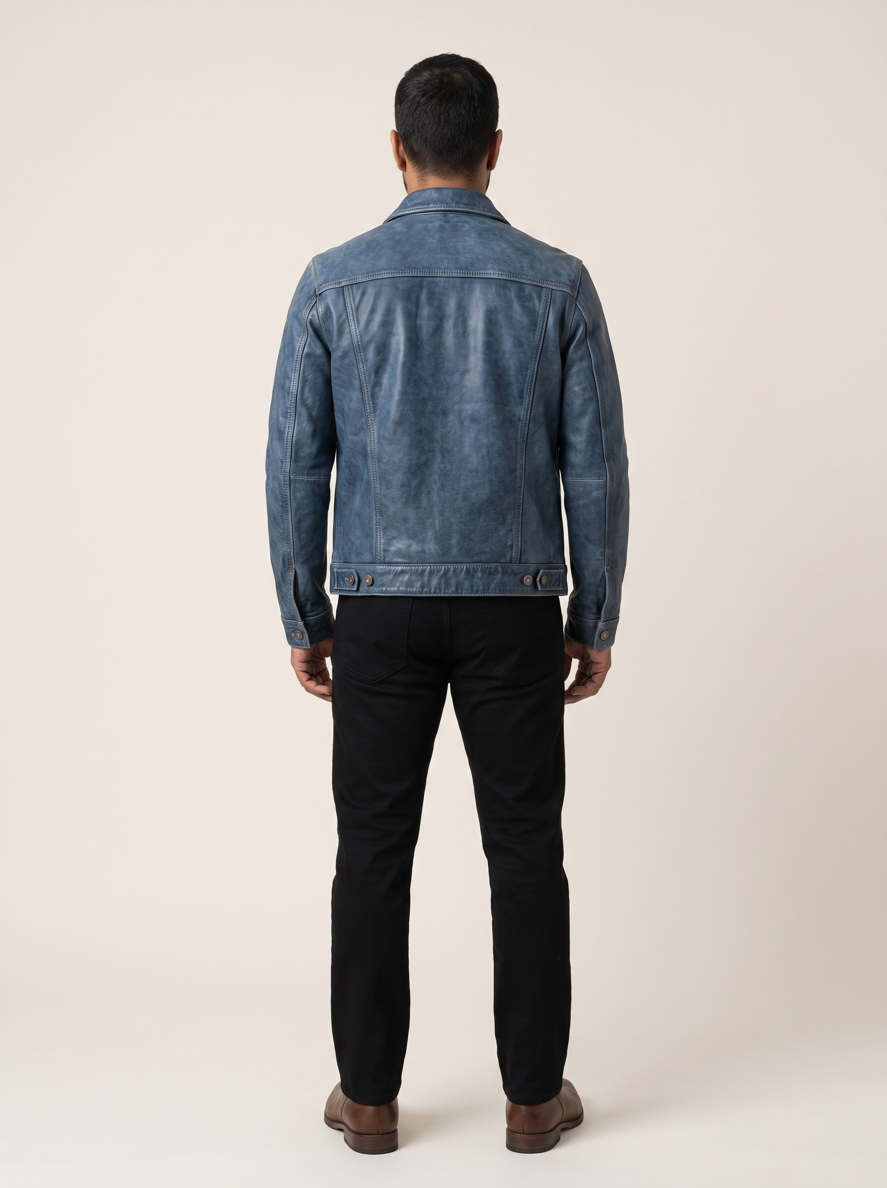 Chase Leather Denim Jacket in Denim, back view
