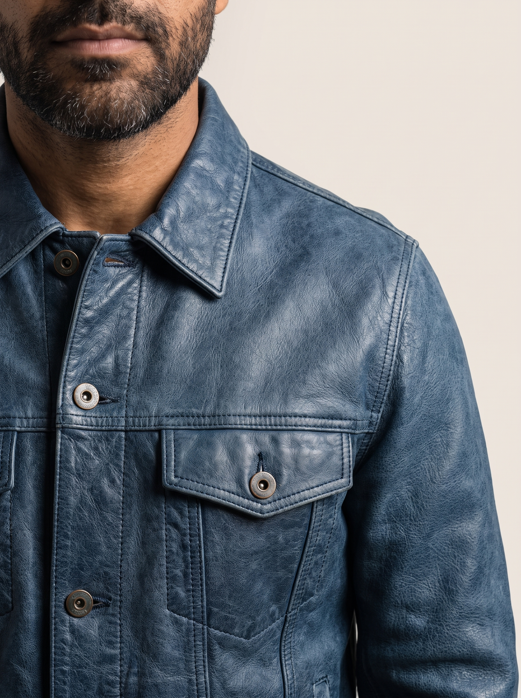 Chase Leather Denim Jacket in Denim, detail view