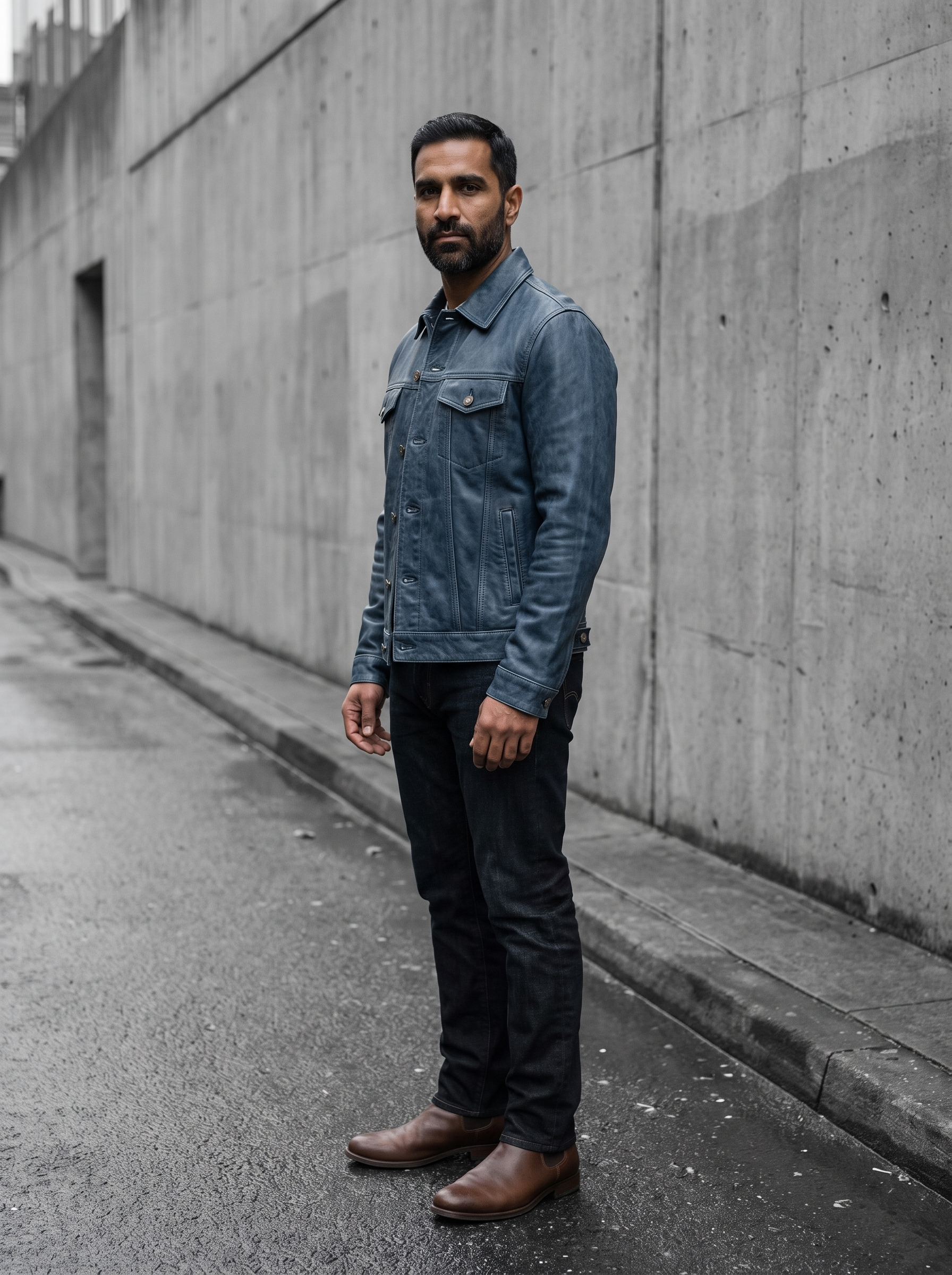 Chase Leather Denim Jacket in Denim, street view