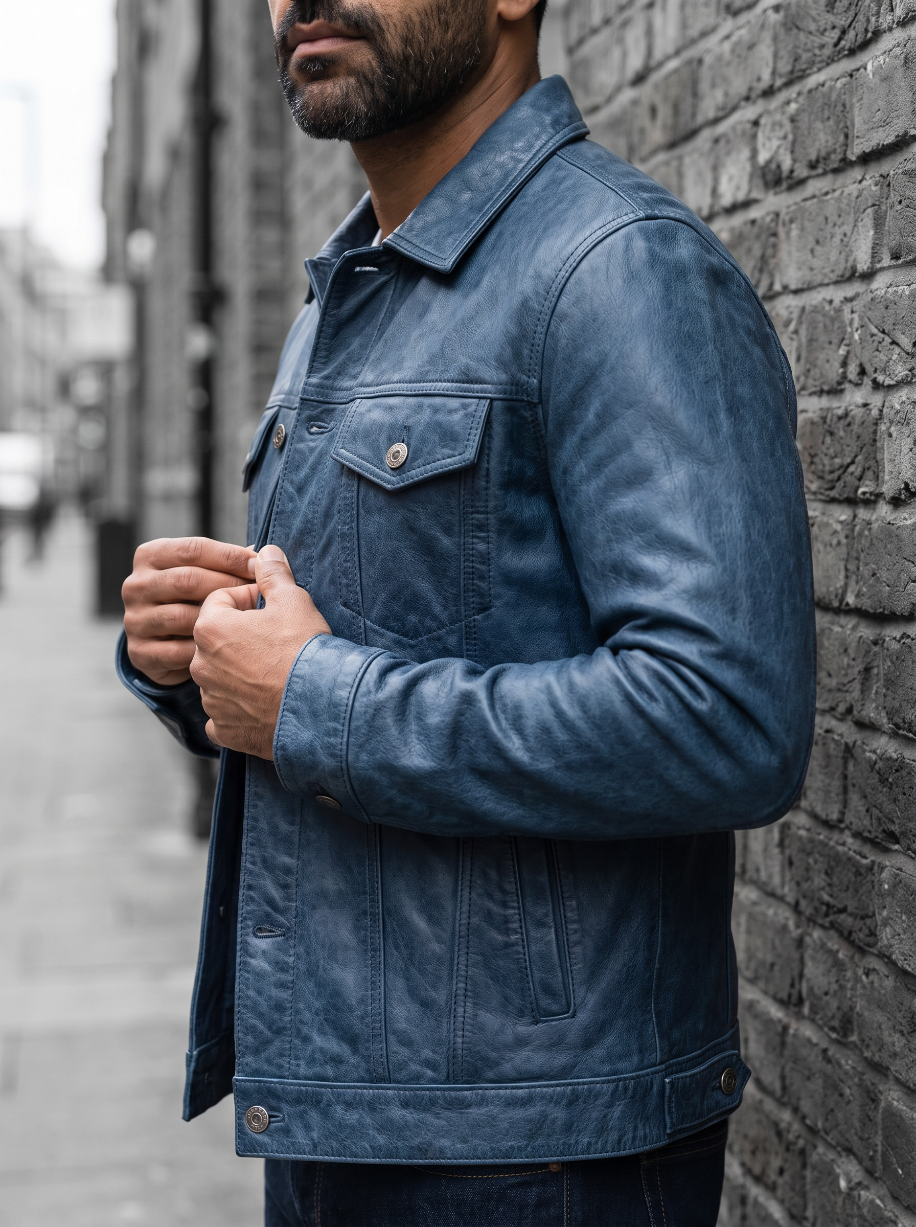 Chase Leather Denim Jacket in Denim, street crop view