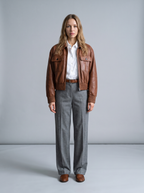 Maggie Cropped Lightweight Leather Aviator Jacket in Cognac, full length