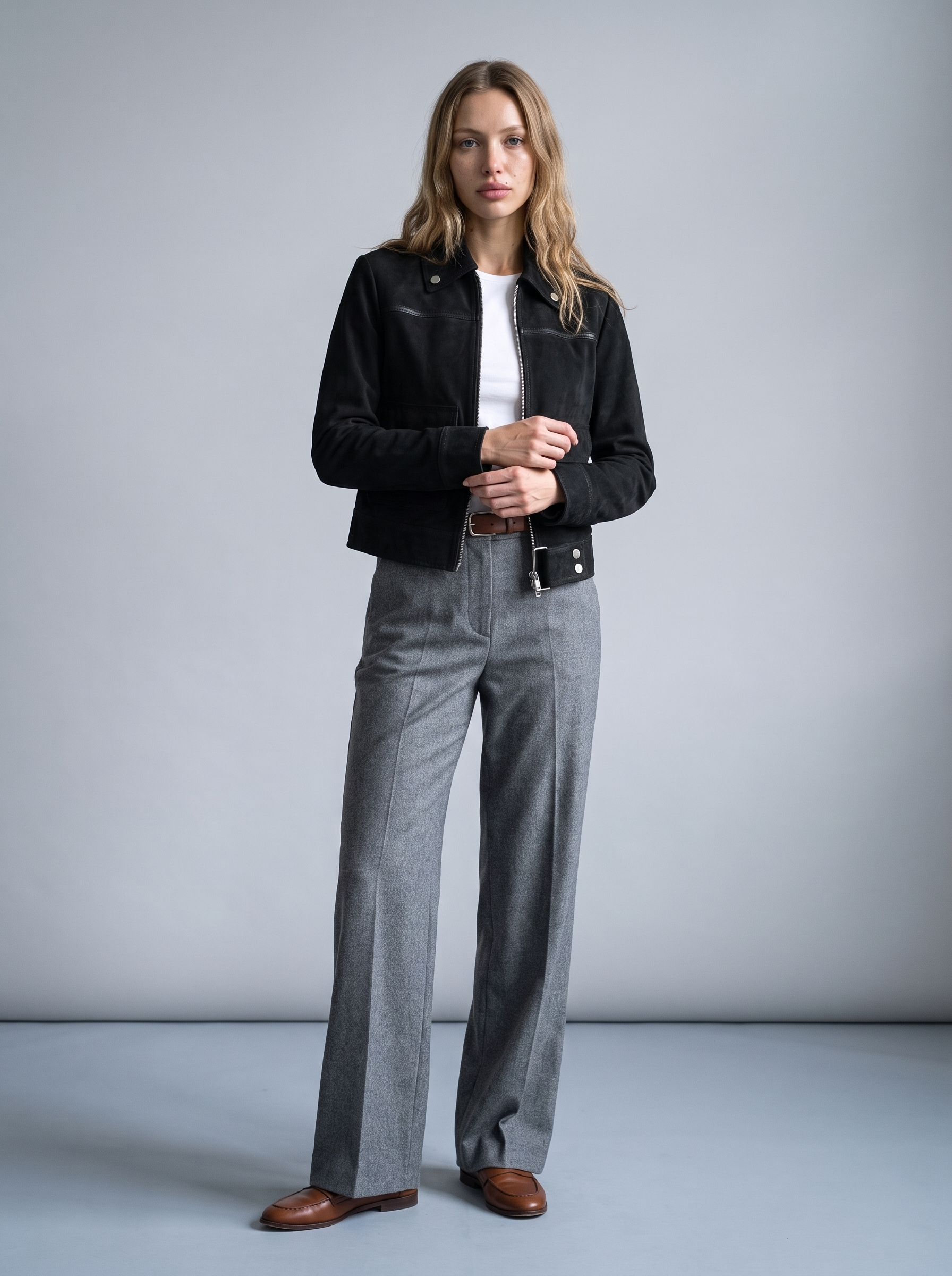 Lunetta Leather Trucker Jacket in Black, full length