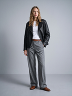 Miley Oversized Leather Moto Jacket in Black, full length