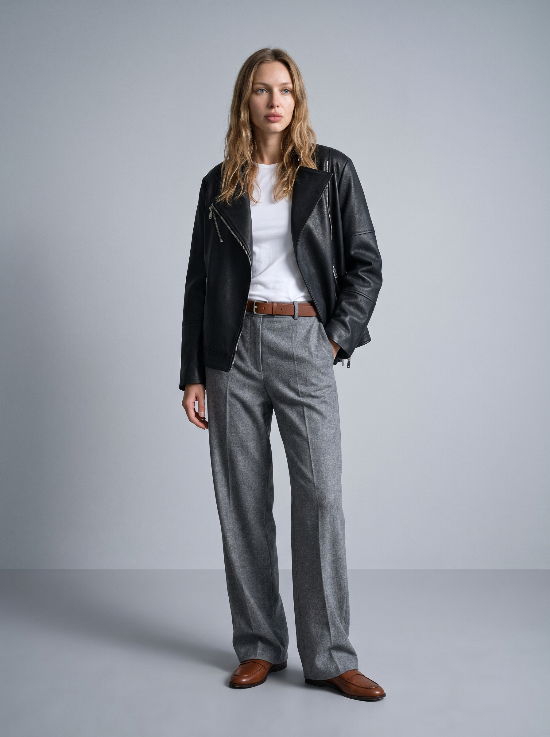 Miley Oversized Leather Moto Jacket in Black, full length