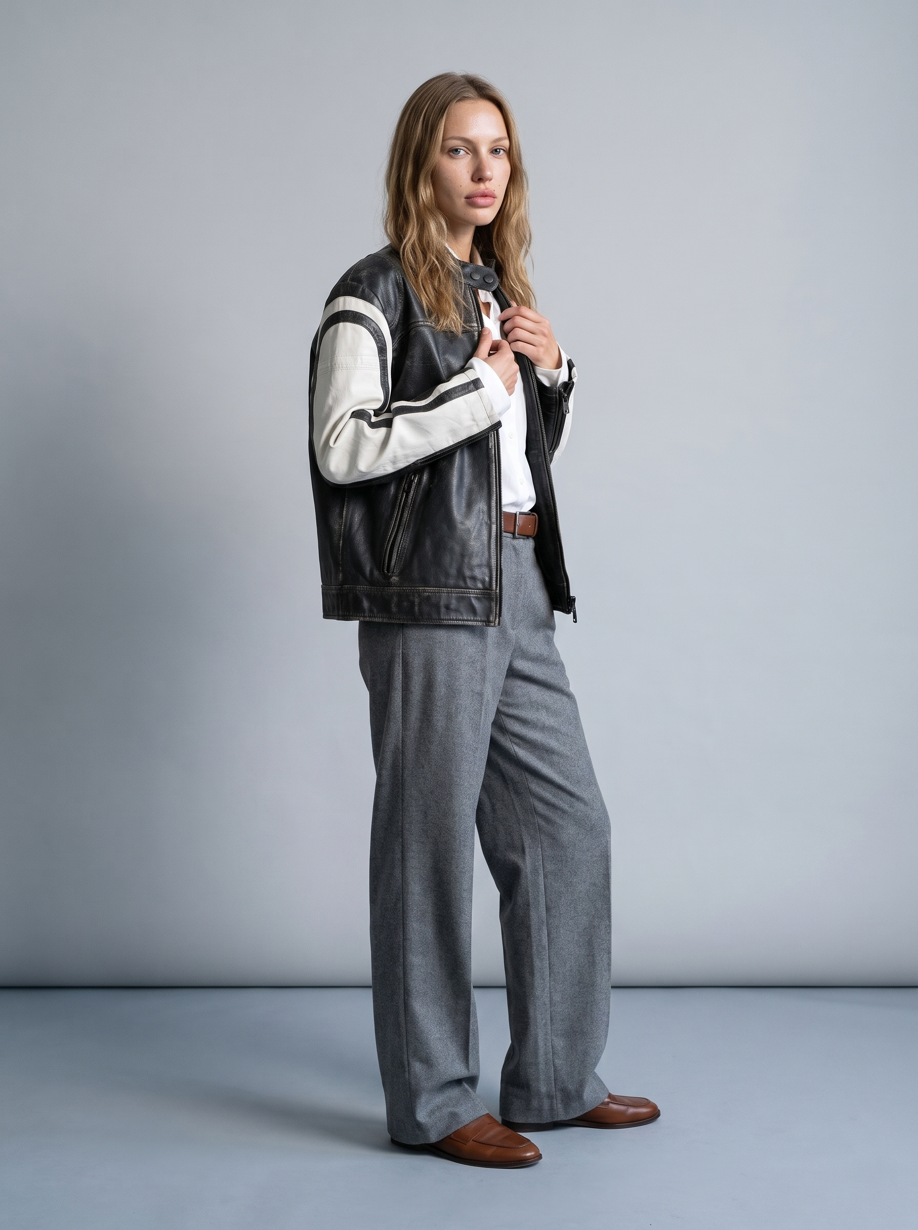 Millie Oversized Striped Racer Jacket in Black/White, full length