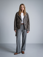 Briana Oversized Asymmetric Leather Moto Jacket in Brown, full length