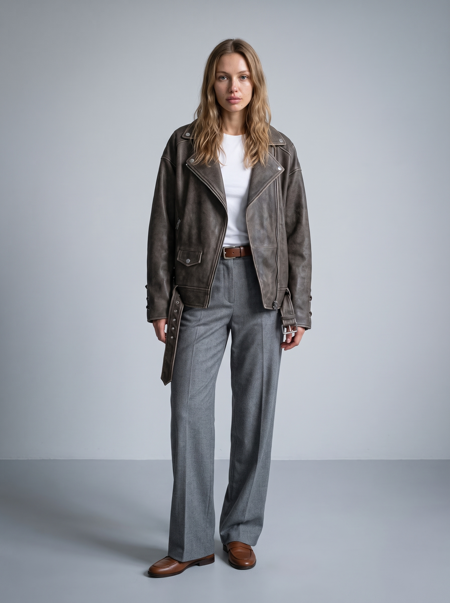 Briana Oversized Asymmetric Leather Moto Jacket in Brown, full length