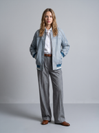 Lena Leather Denim Varsity Jacket in Light Blue Wash, full length