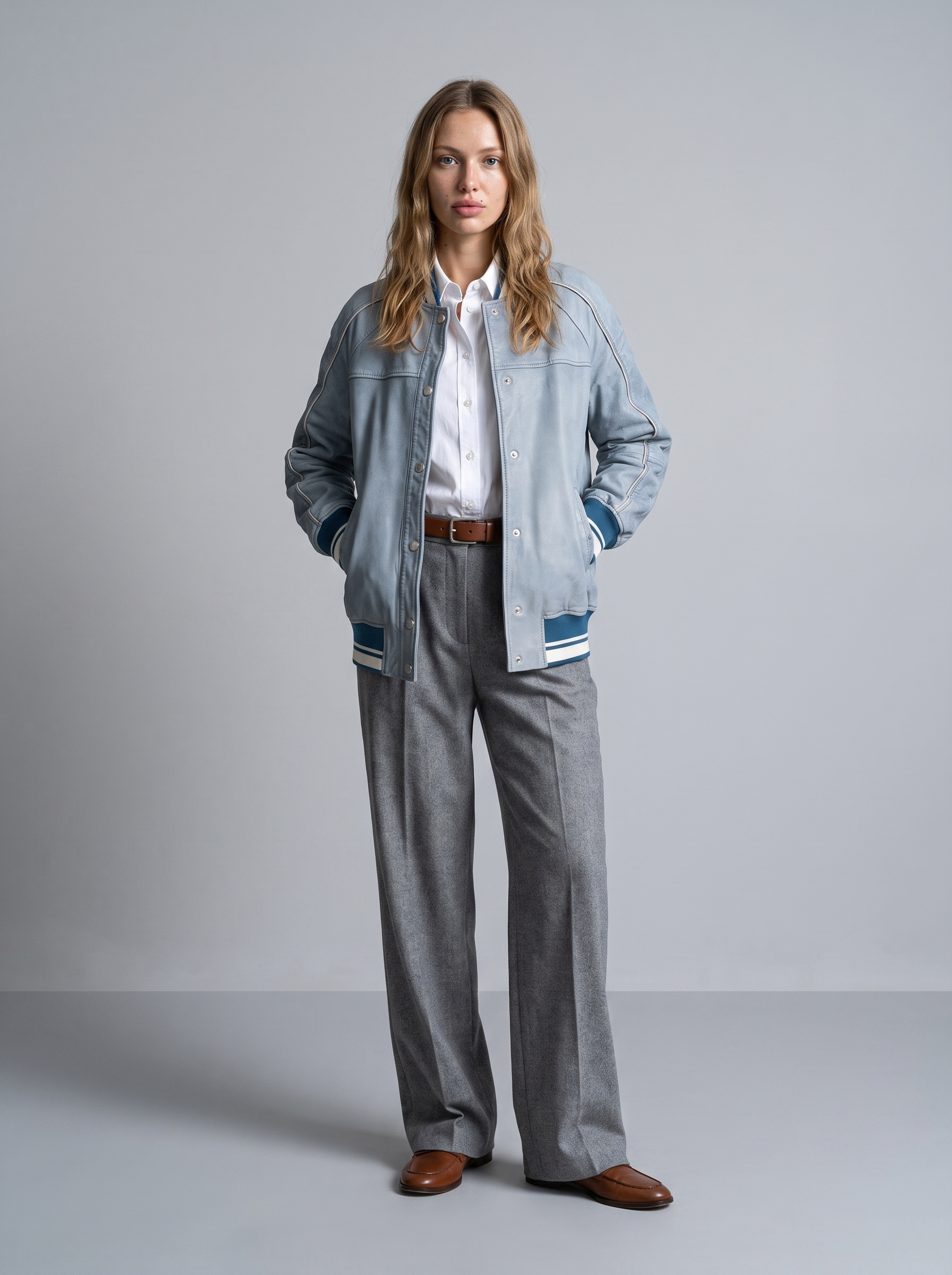 Lena Leather Denim Varsity Jacket in Light Blue Wash, full length