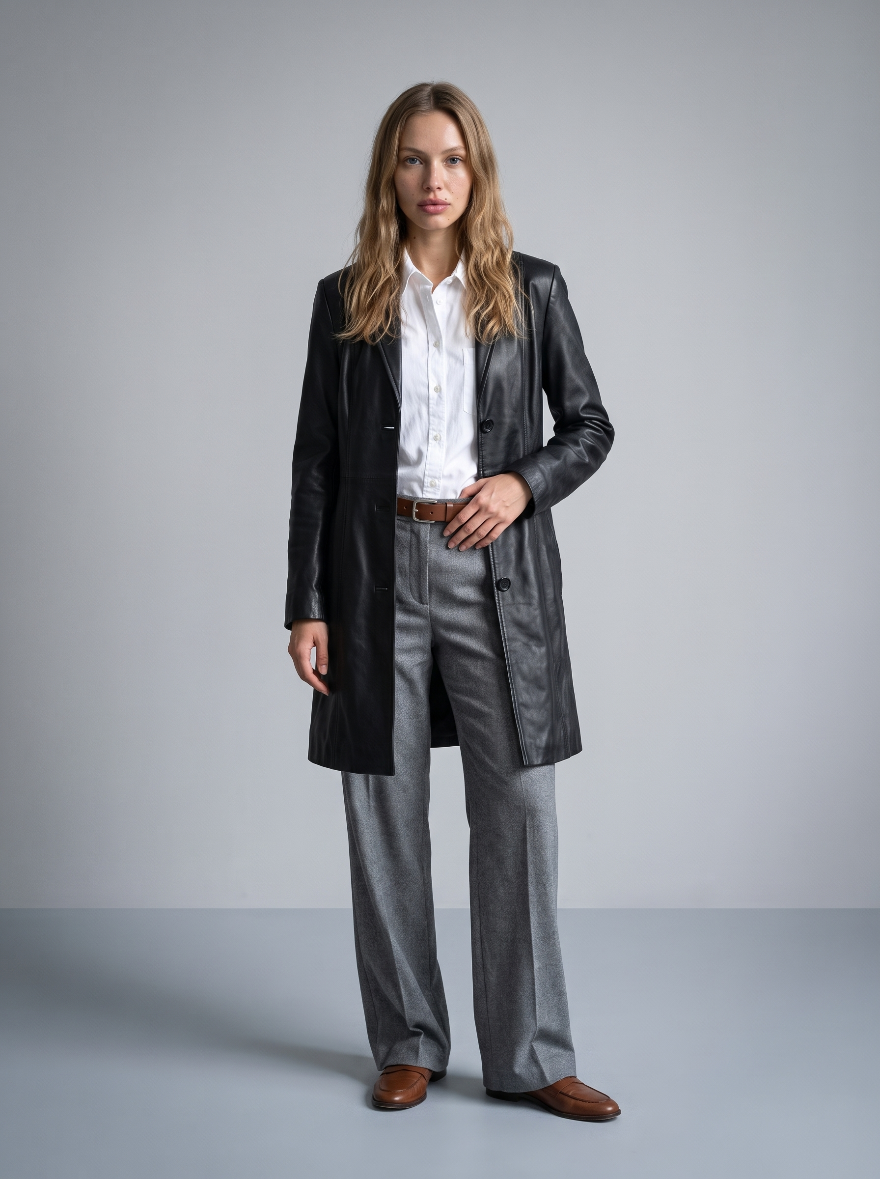 Nora Button Down Leather Trench Coat in Black, full length