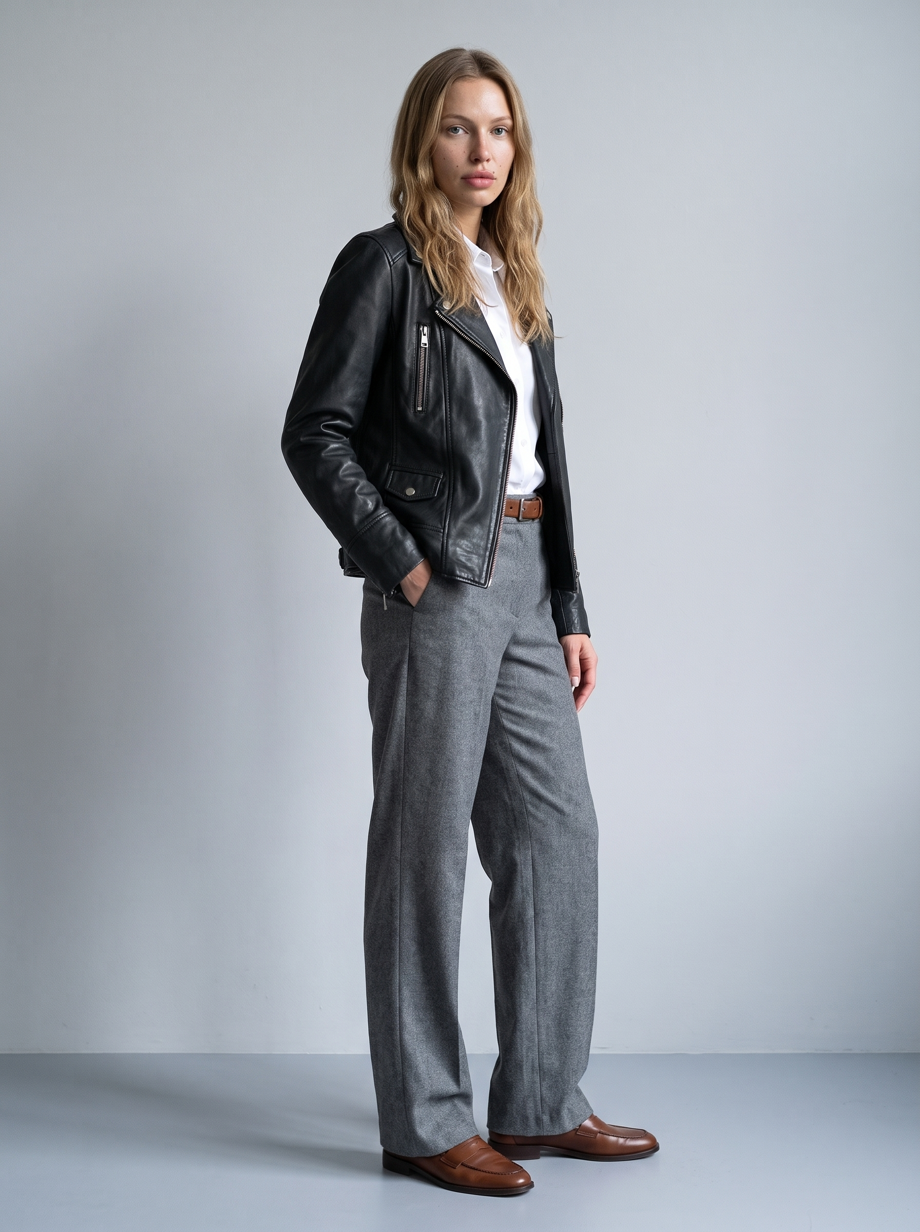 Marissa Asymmetric Leather Moto Jacket in Black, full length