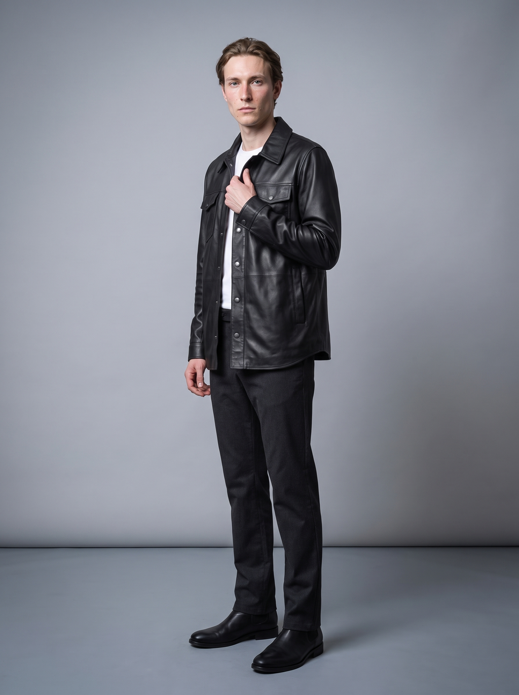 Wren Lightweight Leather Snap Shirt Jacket in Black, full length view