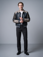 Bryson Leather Varsity Jacket in Navy/Grey, full length view