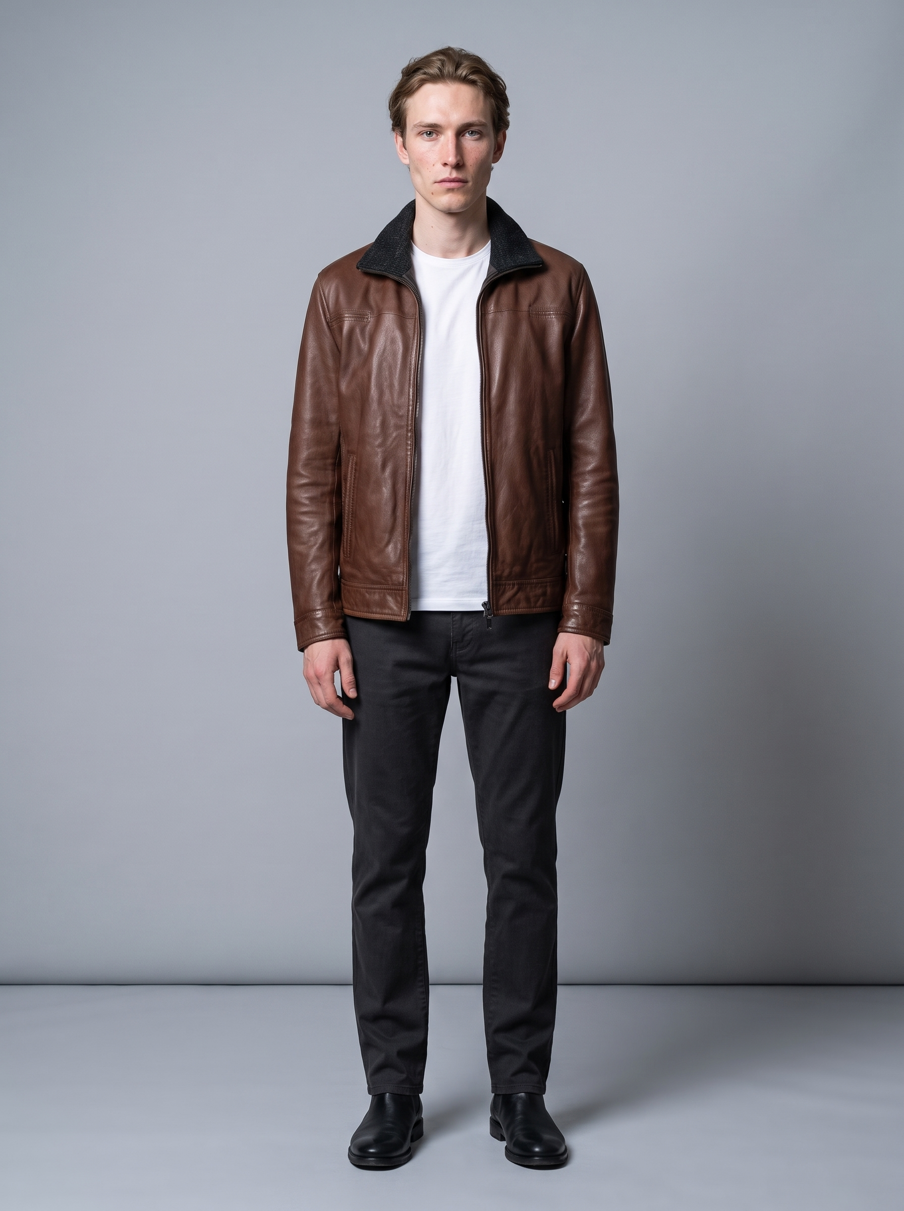 Jett Leather Jacket with Removable Hood in Brown, full length view