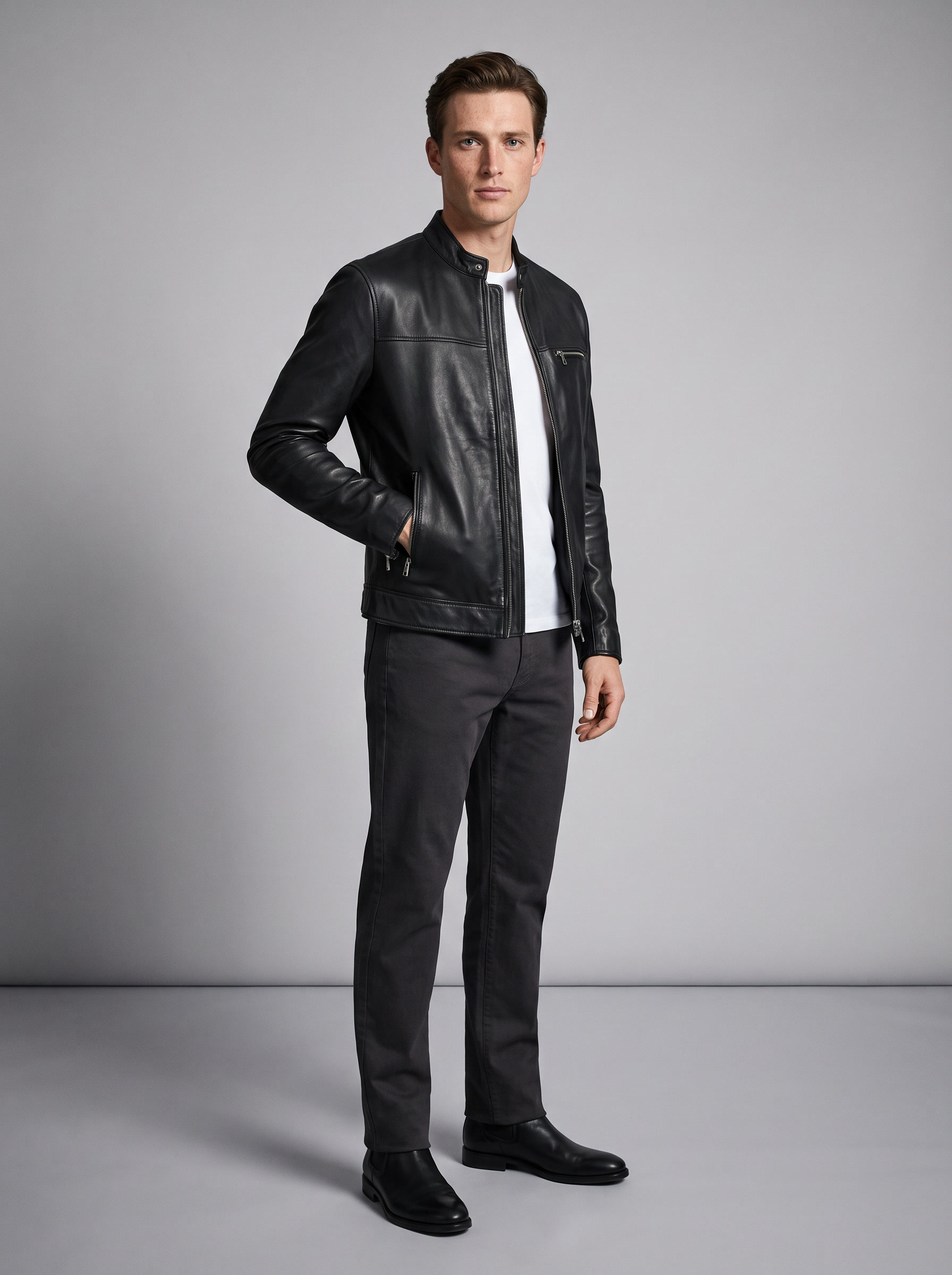 Classic Leather Racer Jacket in Black, full length view