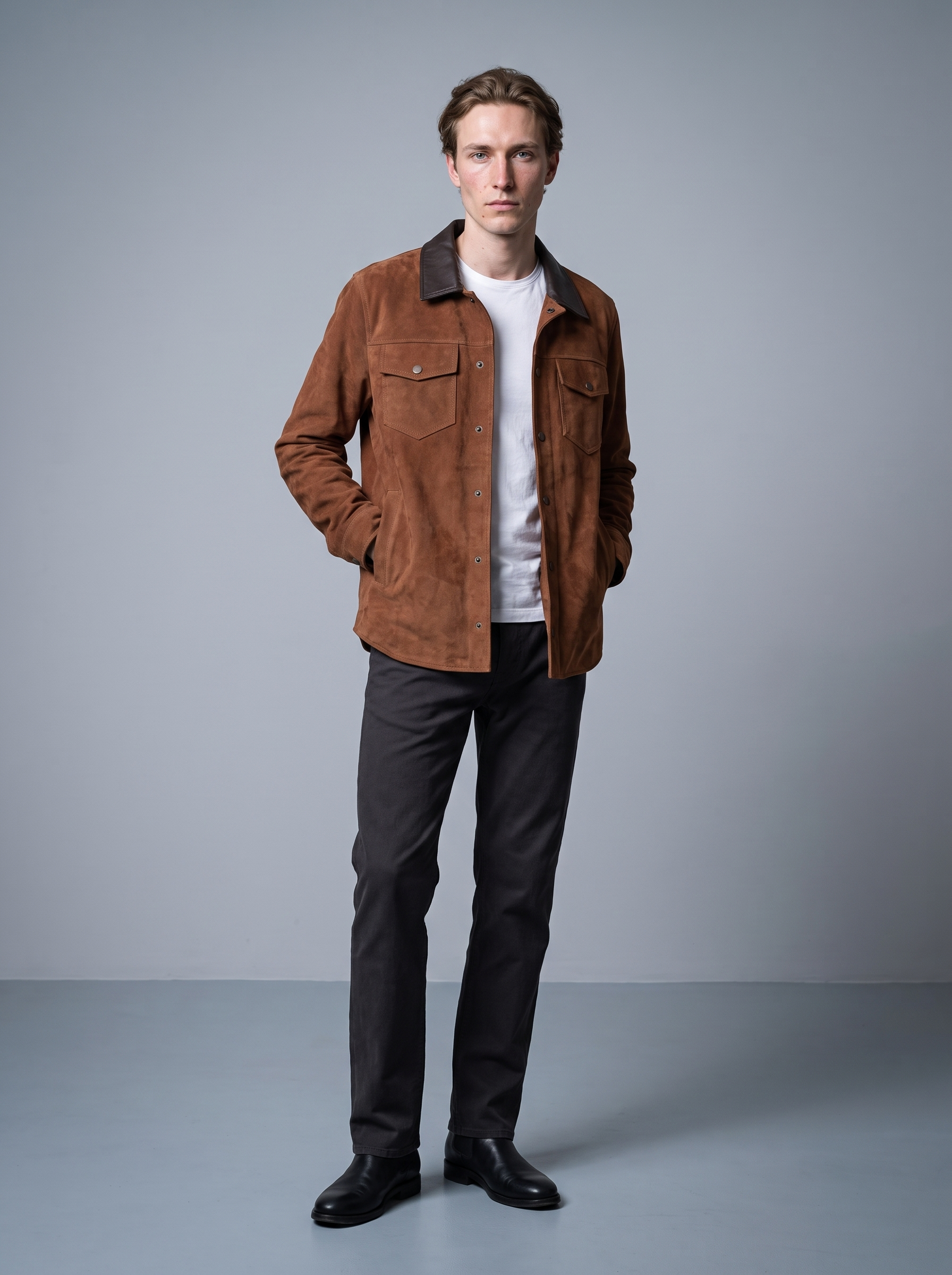 Zion Colour Block Suede Shirt Jacket in Brown, full length view