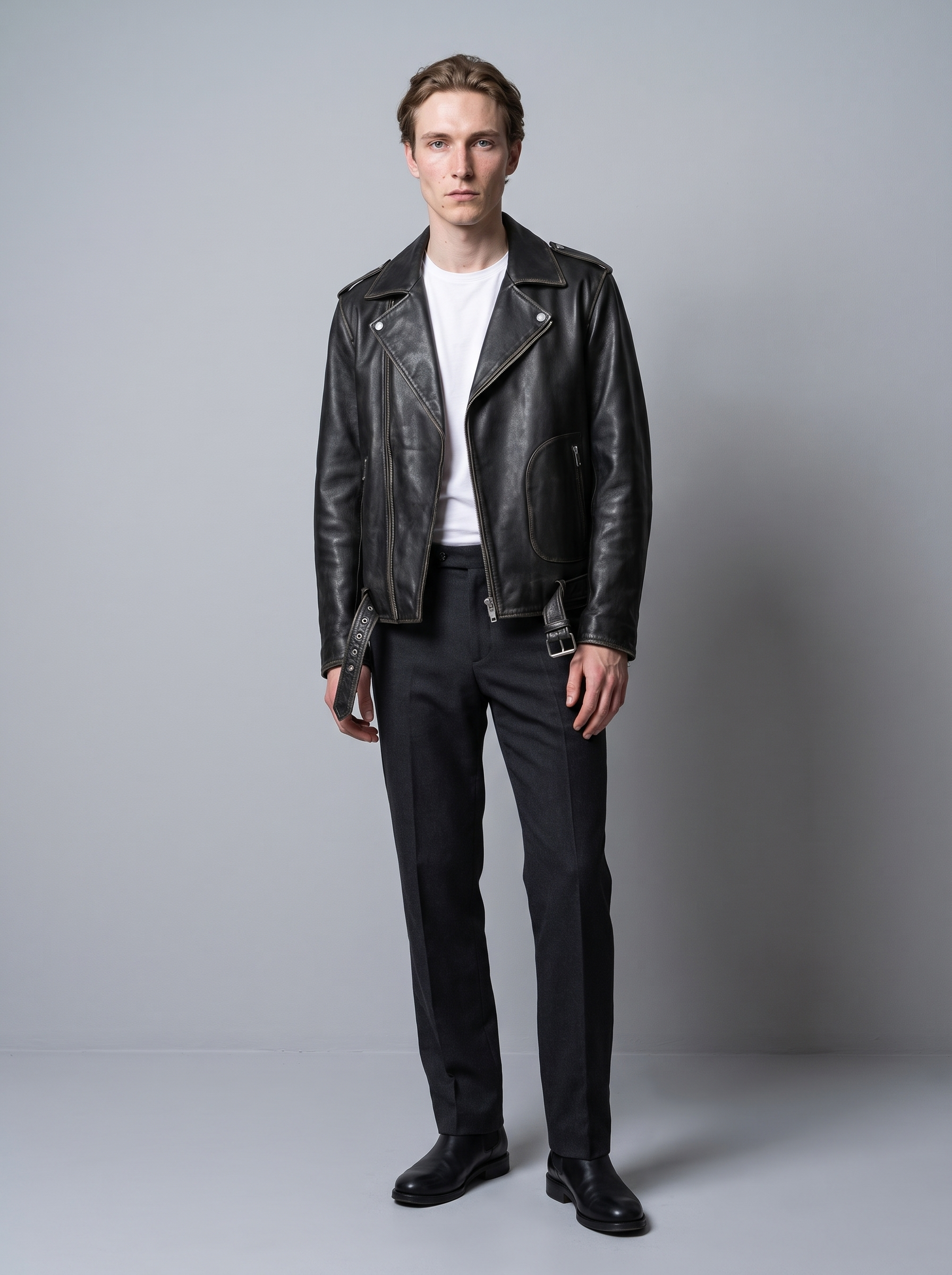 Rhodes Vintage Leather Moto Jacket in Black/White, full length view