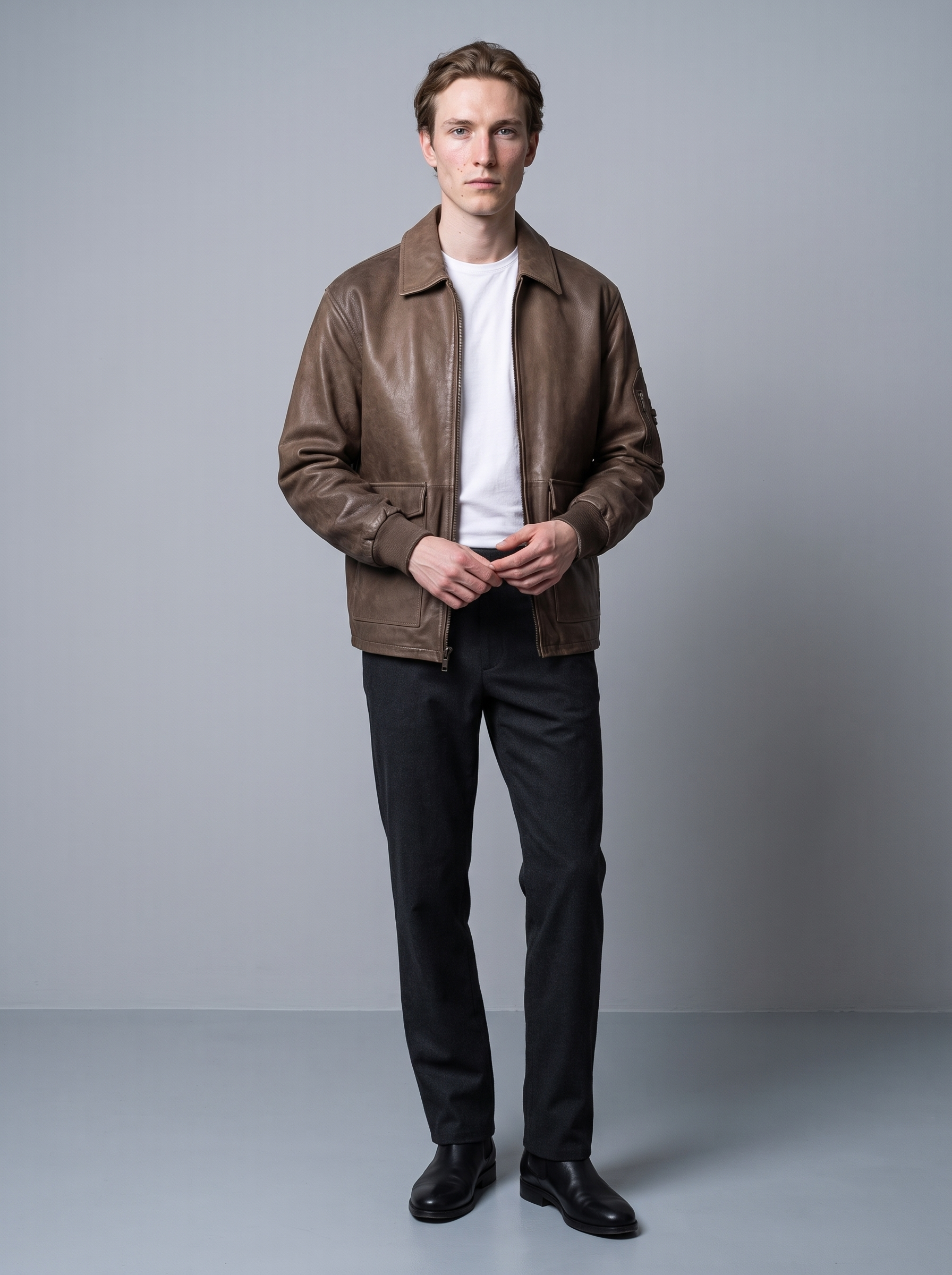 Damian Vintage Bomber in Brown, full length view