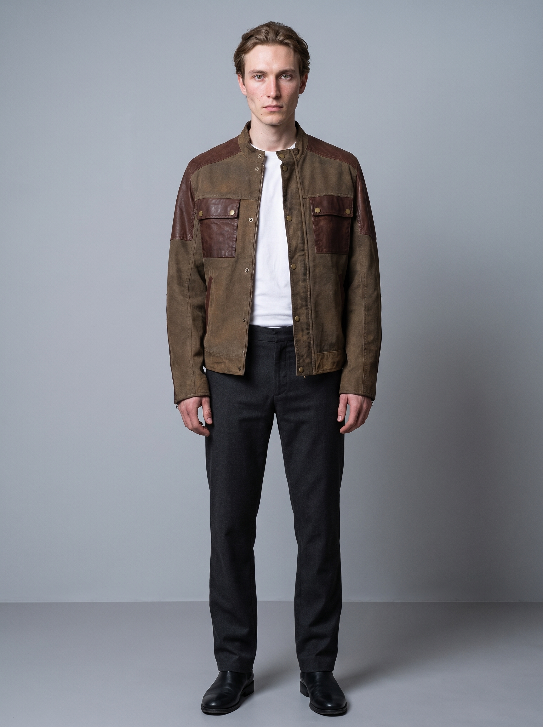 Dallas Vintage Color Block Moto Jacket in Brown, full length view
