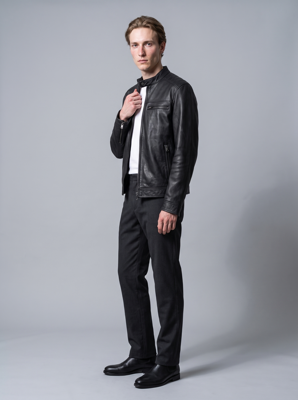 Ethan Leather Racer Jacket in Black/Grey, full length view