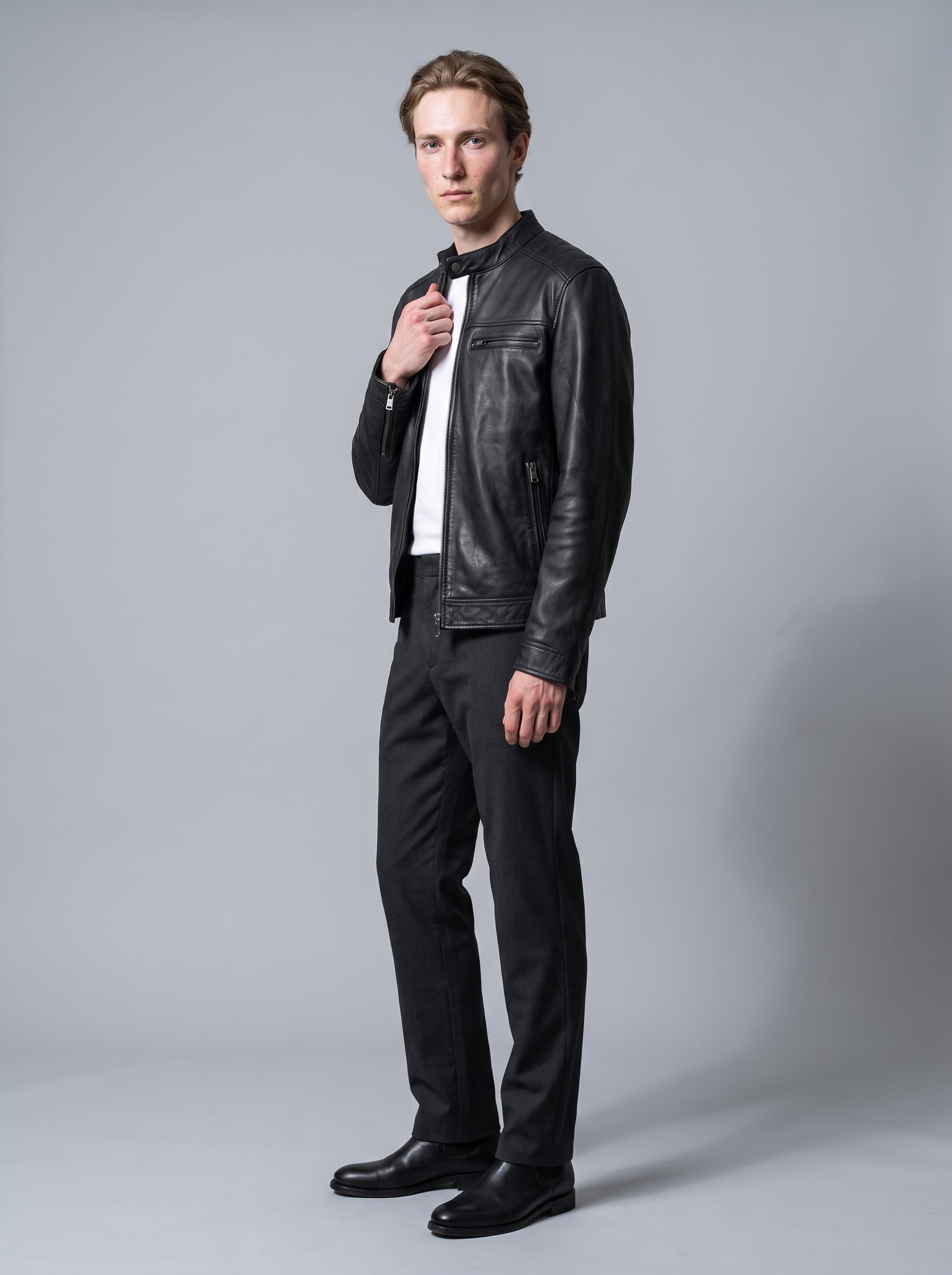Ethan Leather Racer Jacket in Black/Grey, full length view