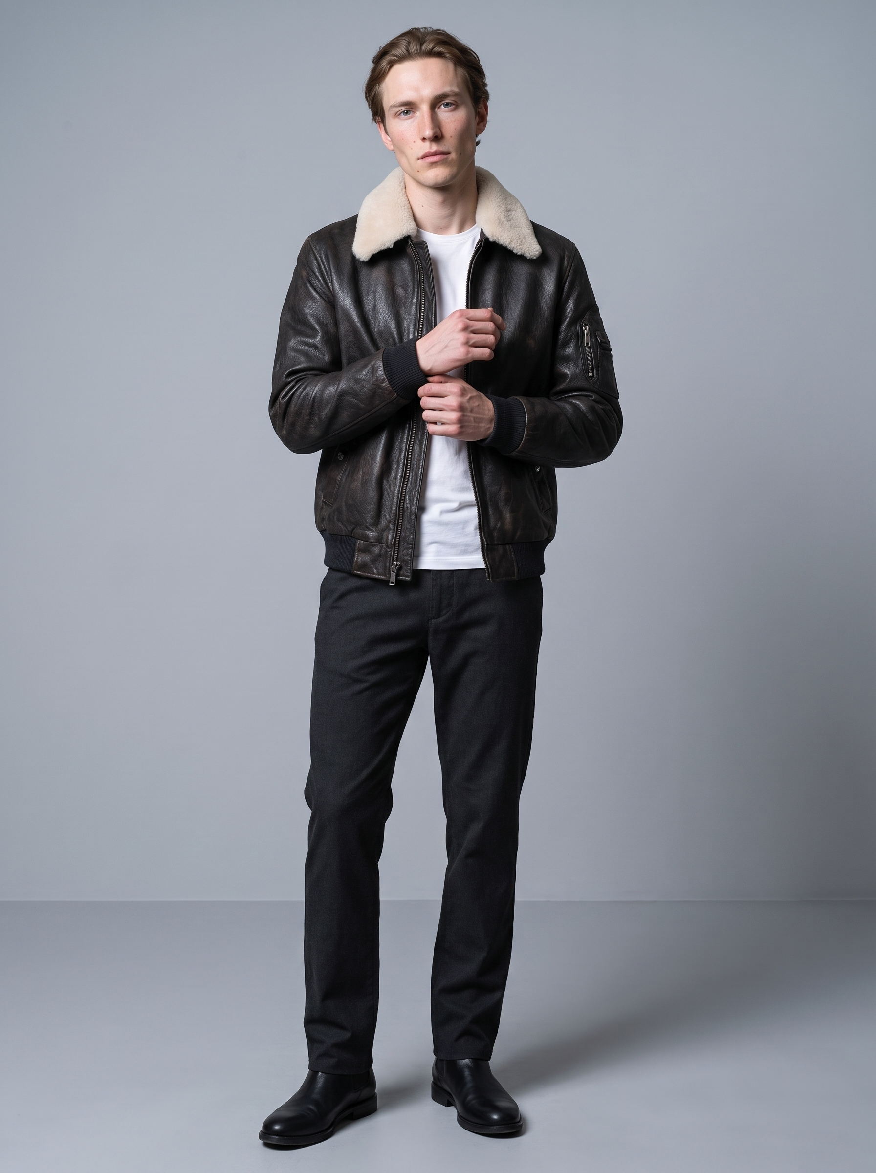 Jimmy Leather Aviator Bomber Jacket With Shearling Collar in Deep Brown, full length view