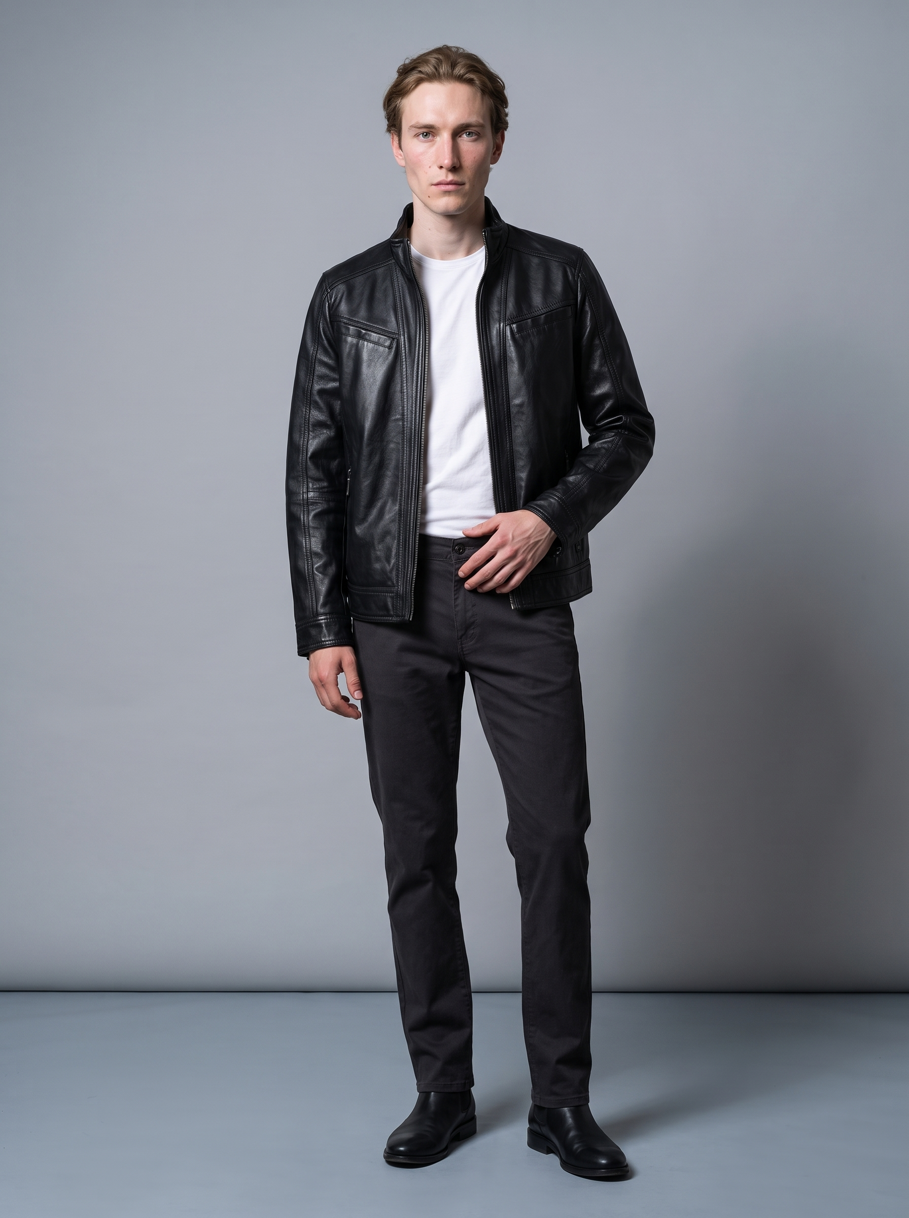 Sean Vintage Leather Racer Jacket in Black, full length view