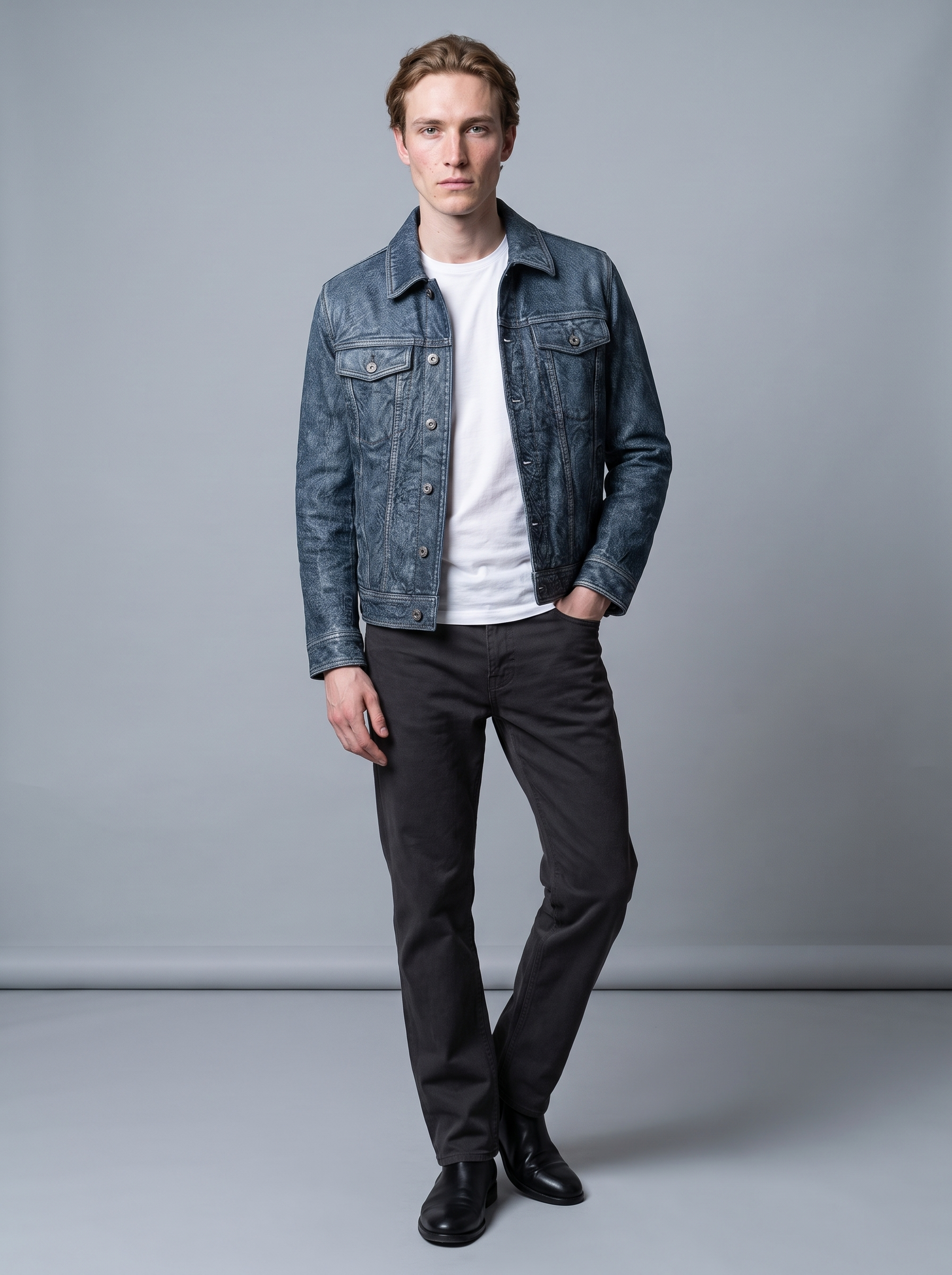 Chase Leather Denim Jacket in Denim, full length view