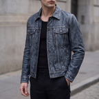 Chase Leather Denim Jacket in Denim, worn