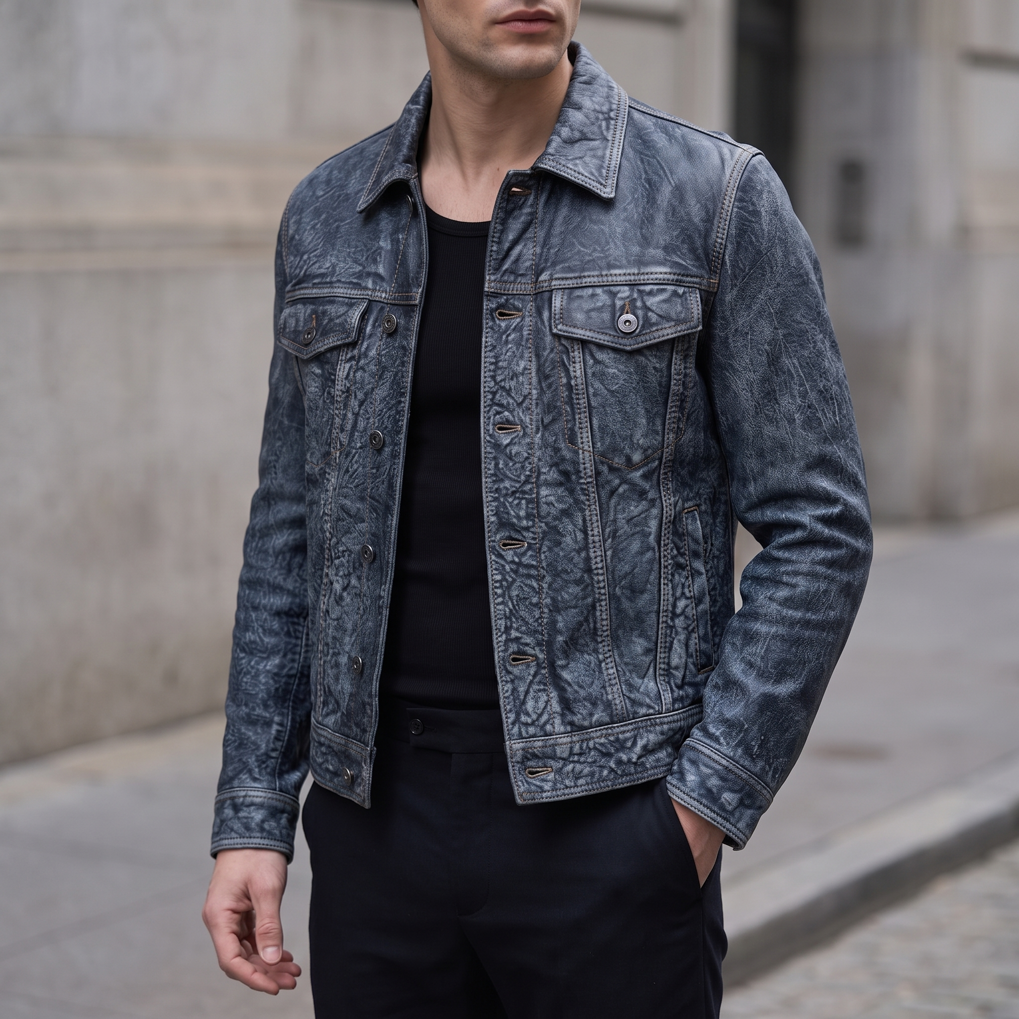 Chase Leather Denim Jacket in Denim, worn